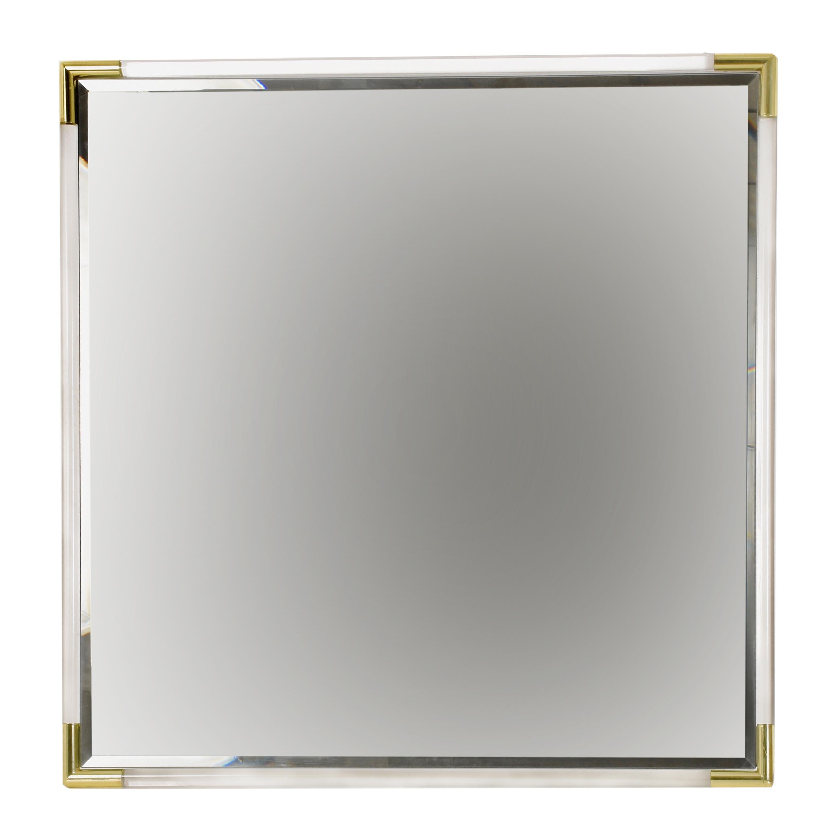 Square Wall Mirror with Lucite Frame, Golden Corners, Signed, Italy, 1970s