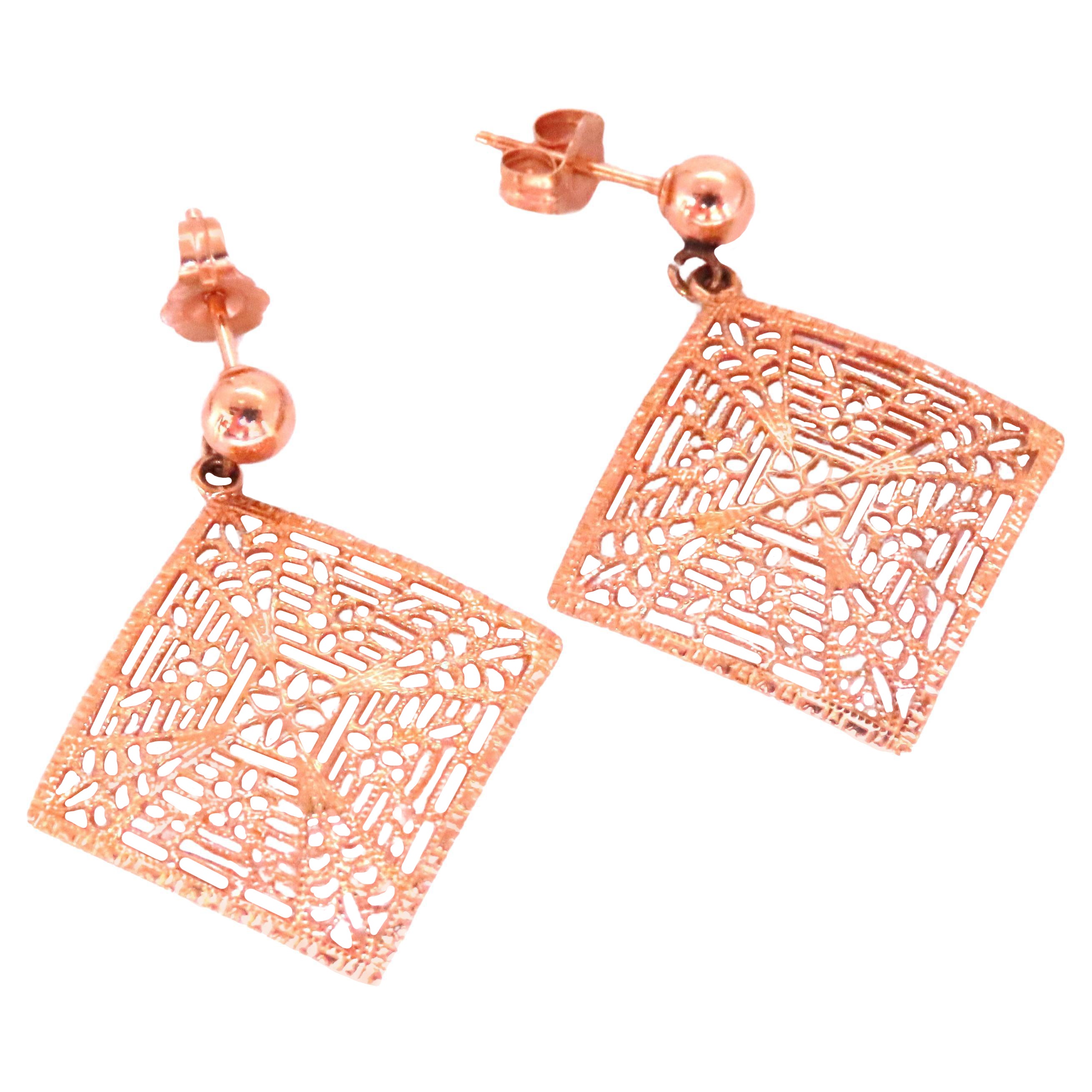 Square Web Dangle Gold Earrings 14kt 12505* For Sale