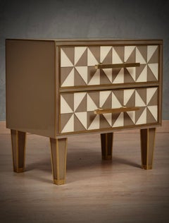 Art Deco Square White and Dove-Gray Color Glass and Brass Night Stand, 2020