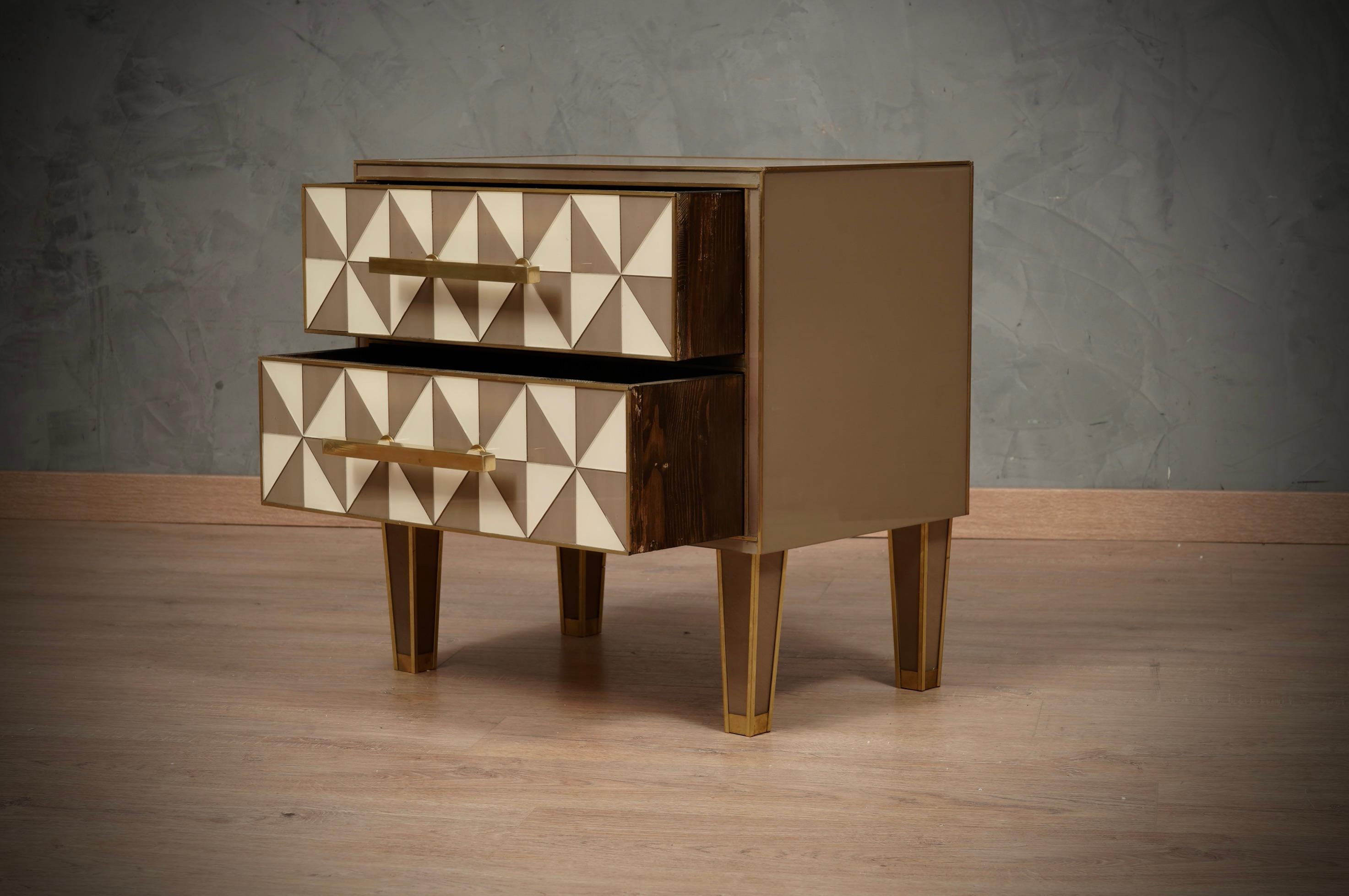 Mid-Century Modern Square White and Dove-Gray Color Glass and Brass Night Stand, 2020 For Sale