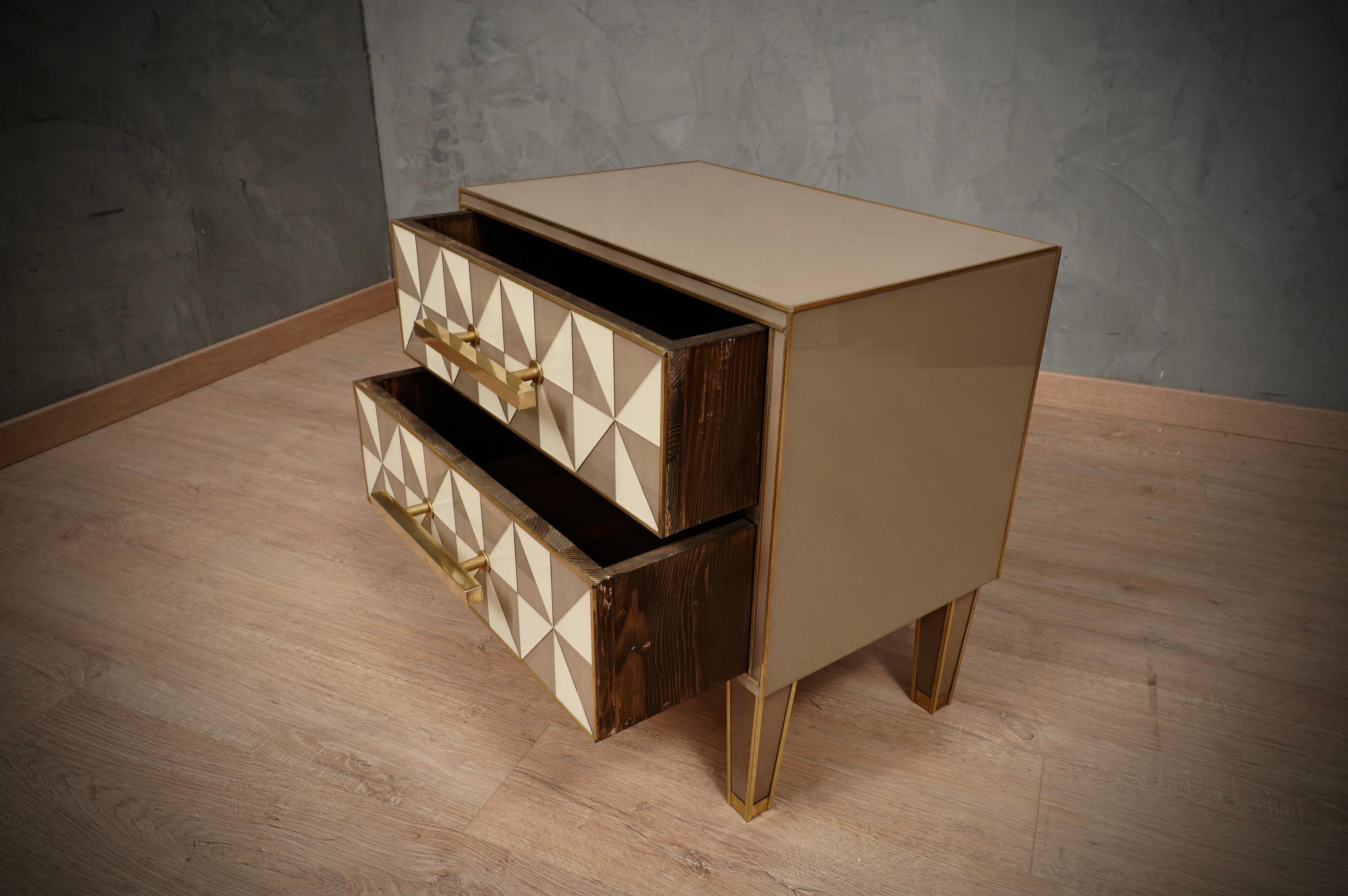 Italian Square White and Dove-Gray Color Glass and Brass Night Stand, 2020 For Sale