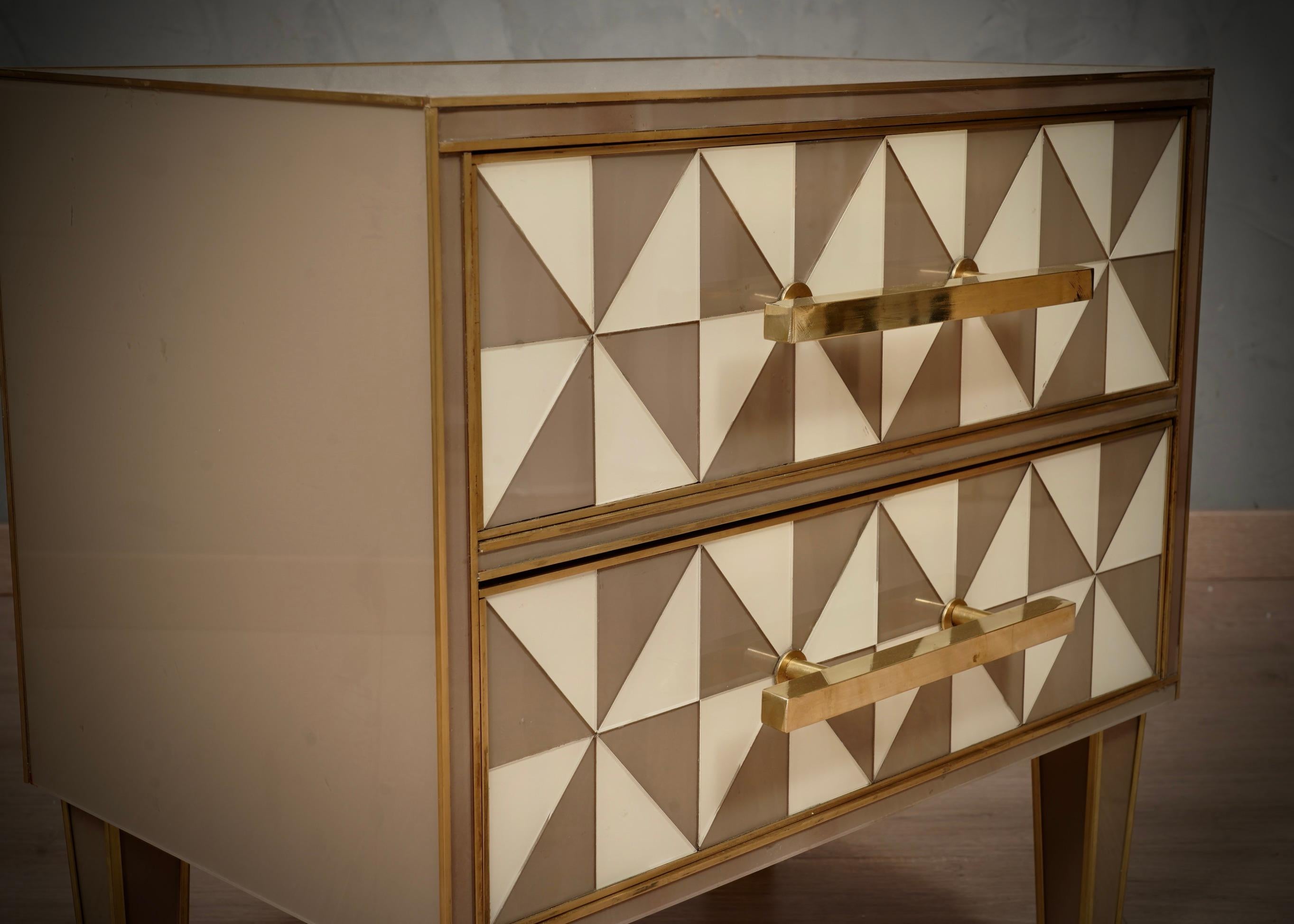 Square White and Dove-Gray Color Glass and Brass Night Stand, 2020 In Good Condition For Sale In Rome, IT