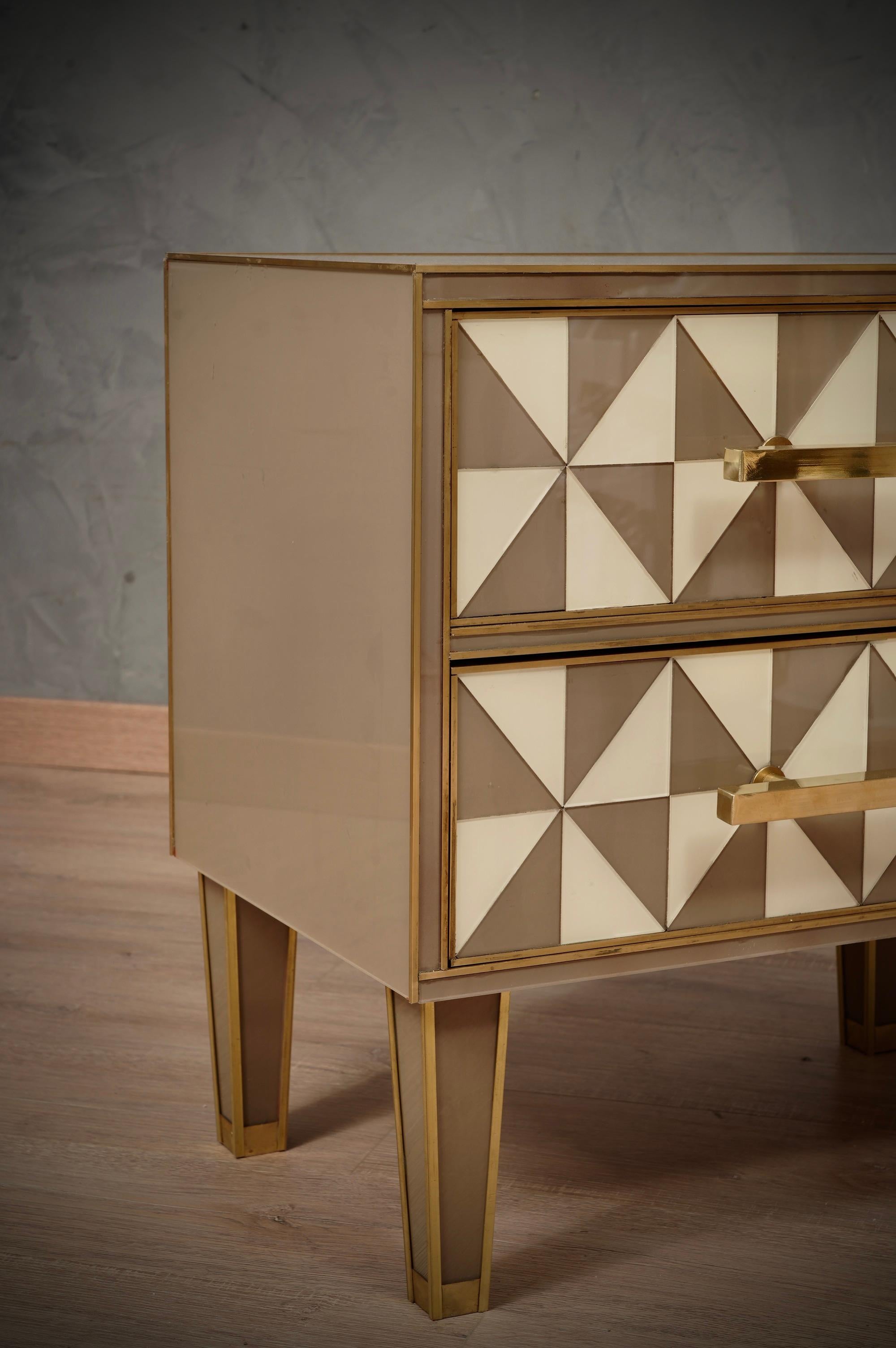 Contemporary Square White and Dove-Gray Color Glass and Brass Night Stand, 2020 For Sale