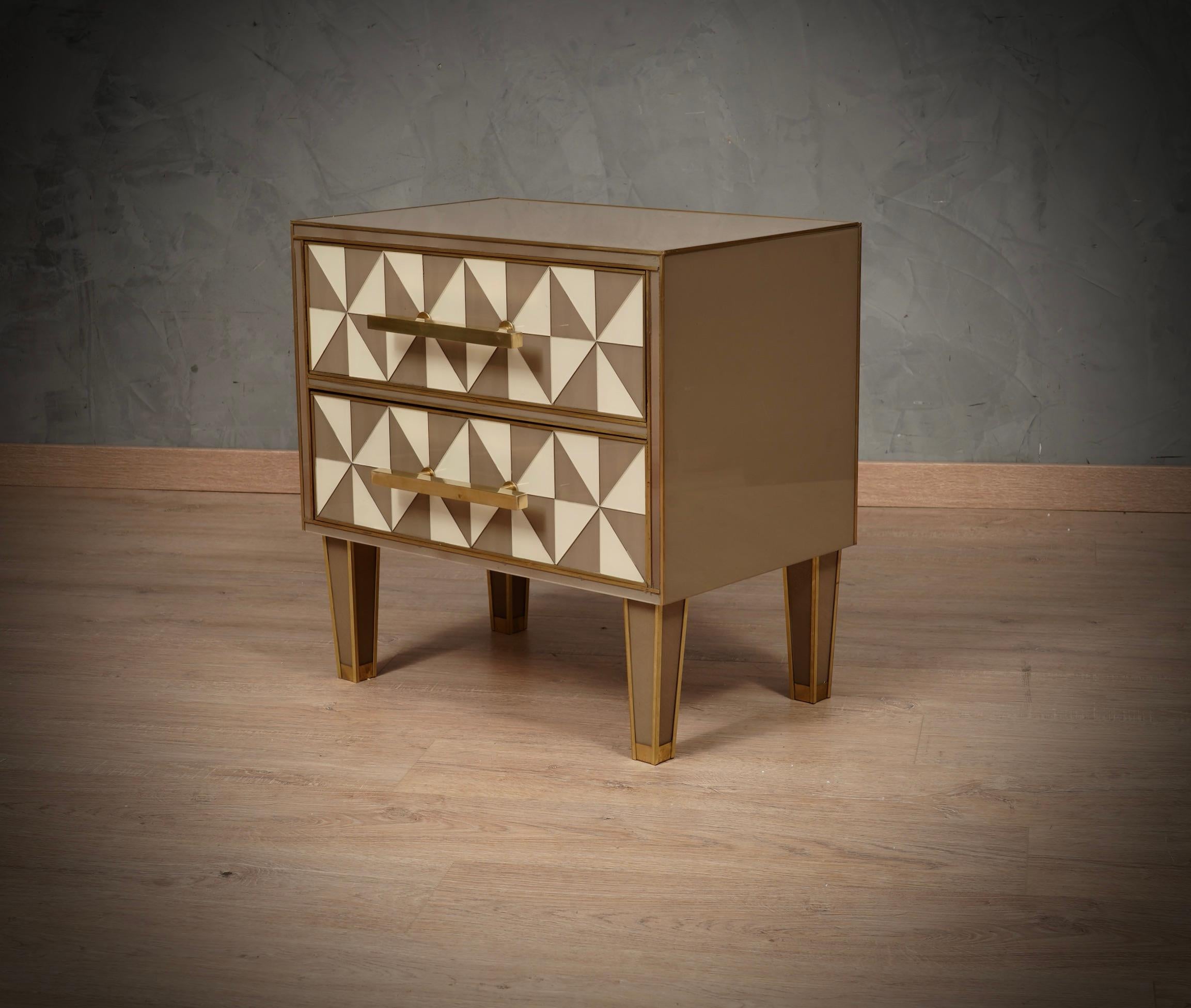 Square White and Dove-Gray Color Glass and Brass Night Stand, 2020 For Sale 1