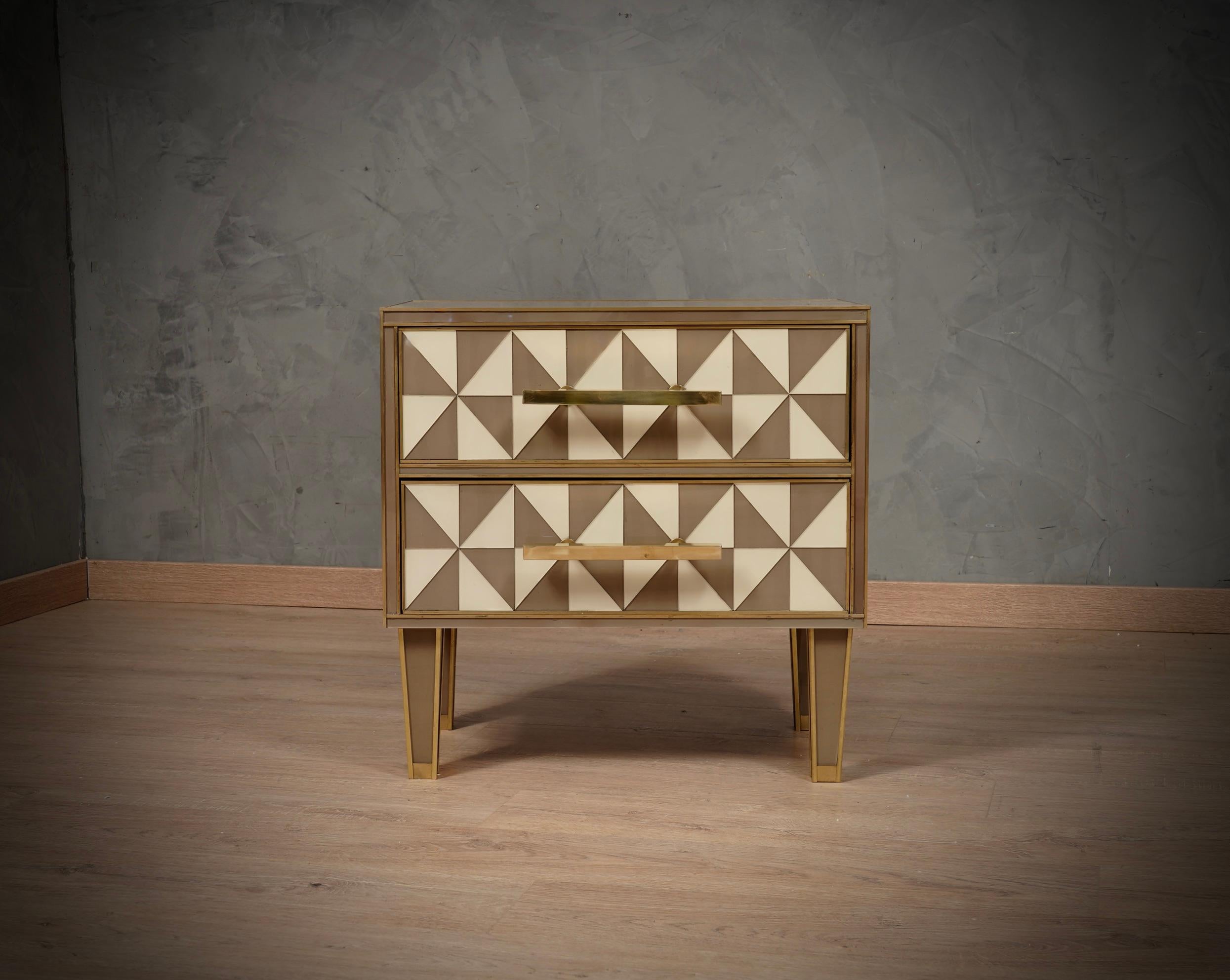 Square White and Dove-Gray Color Glass and Brass Night Stand, 2020 For Sale 3