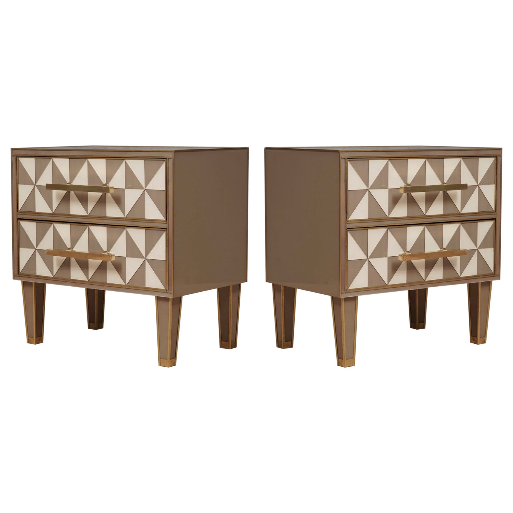 Square White and Dove-Gray Color Glass and Brass Night Stand, 2020