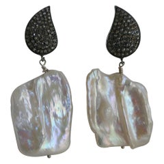 Square White Cultured Keshi Pearls 925 Oxidized Silver Diamond Post Earrings