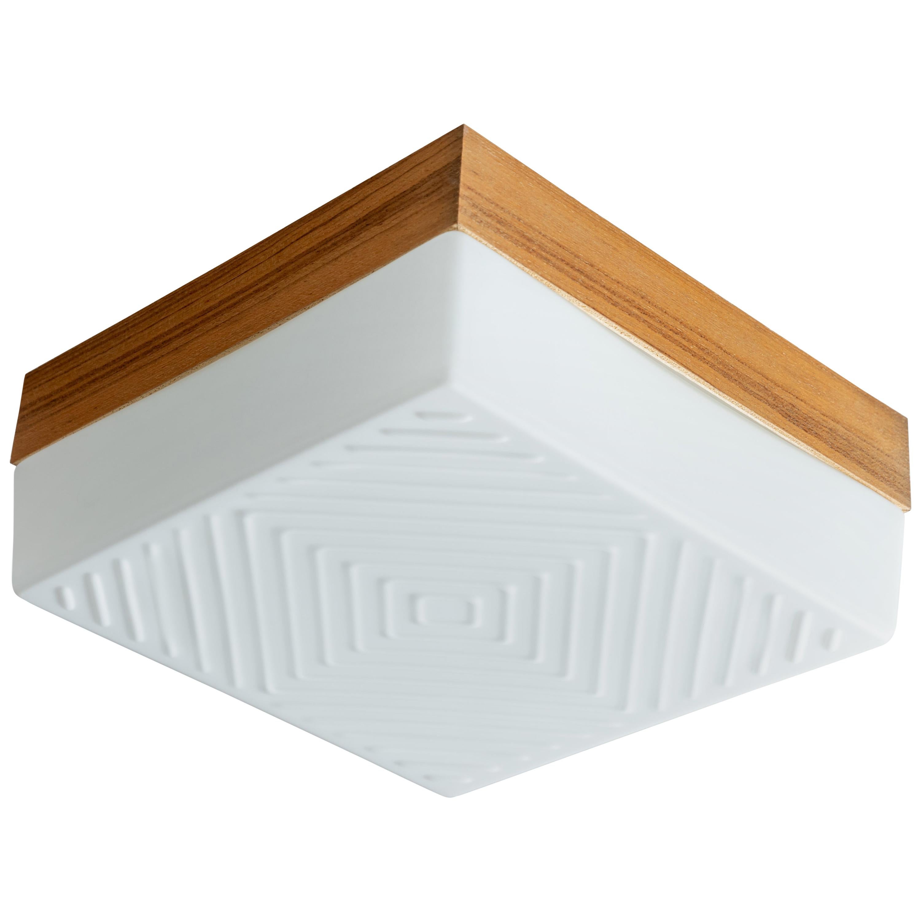 Square White Glass Flush Mount with Wood Collar and Diamond Pattern For Sale