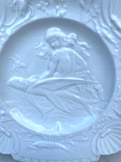 Square White Majolica Mermaid Wall Plate Circa 1920
