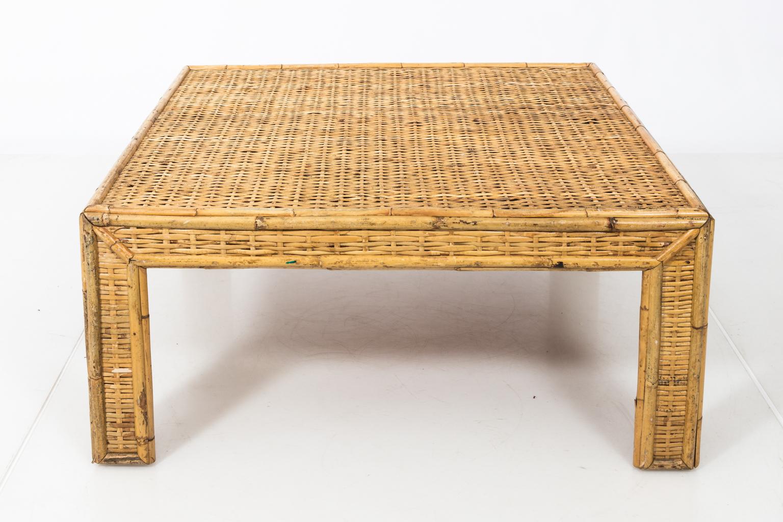 Hollywood Regency Square Woven Rattan Mid-Century Modern Coffee Table