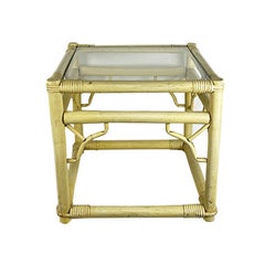 Square Yellow Chippendale Bamboo and Rattan Side Table with Glass