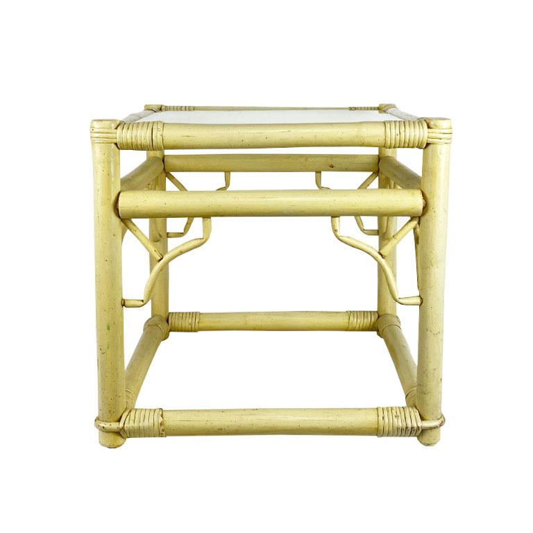 20th Century Square Yellow Chippendale Bamboo and Rattan Side Table with Glass For Sale