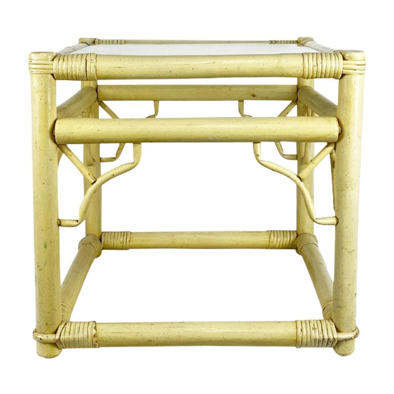 Square Yellow Chippendale Bamboo and Rattan Side Table with Glass
