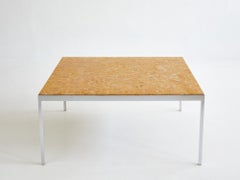 Square yellow marble coffee table with chromed metal base 1970