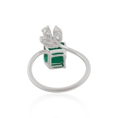 Square Zambian Emerald Gemstone Wrap Ring Marquise Diamond 18 Karat White Gold