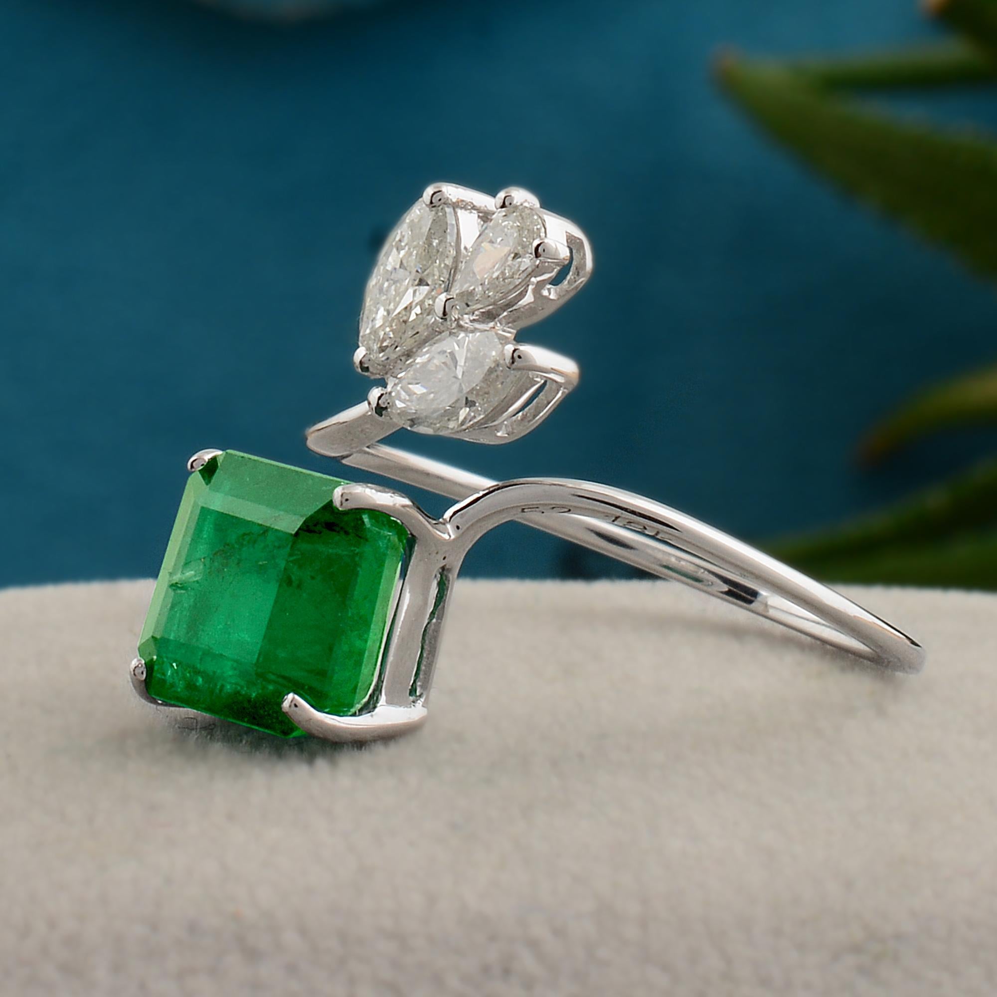 Women's Square Zambian Emerald Gemstone Wrap Ring Marquise Diamond 18 Karat White Gold For Sale
