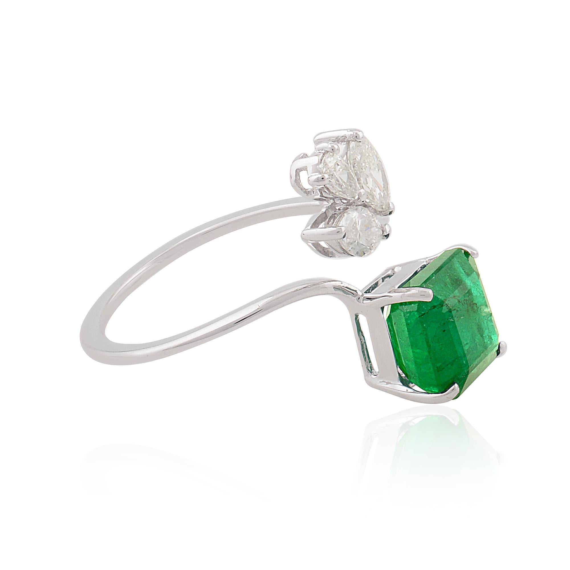 Square Zambian Emerald Gemstone Wrap Ring Marquise Diamond 18 Karat White Gold For Sale 1