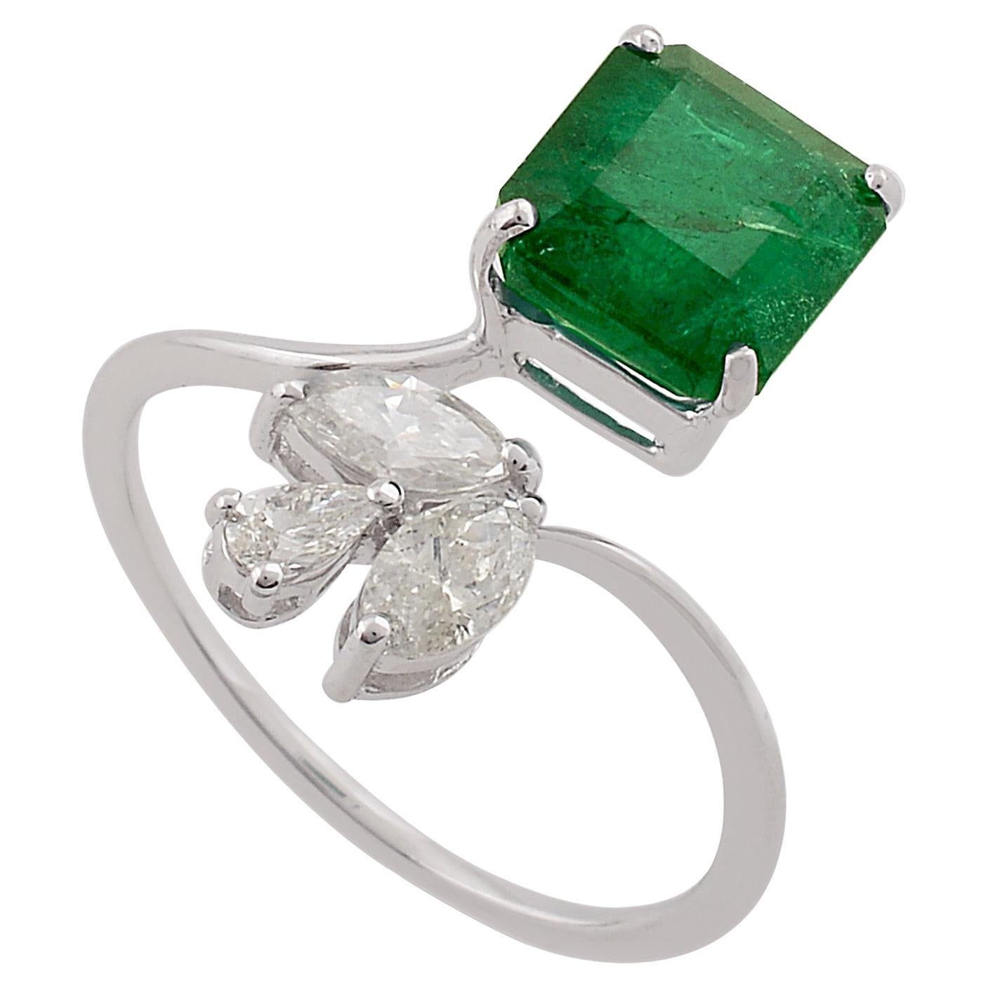 Square Zambian Emerald Gemstone Wrap Ring Marquise Diamond 18 Karat White Gold
