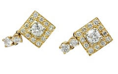 Geometric Squared Round Diamond Dangle Earrings in 14 Karat Yellow Gold