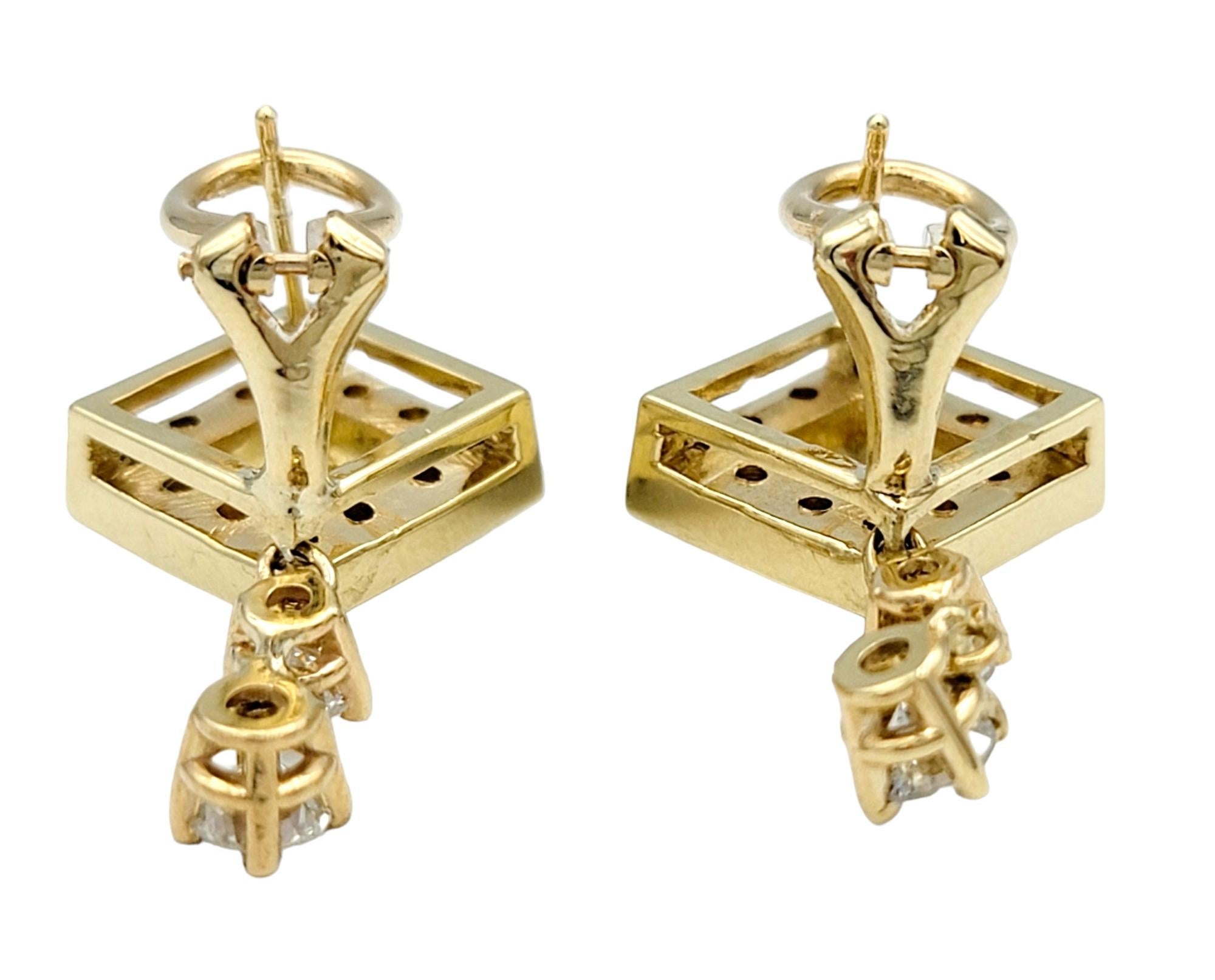 Contemporary Squared 2.00 Carat Total Round Diamond Dangle Earrings in 14 Karat Yellow Gold  For Sale