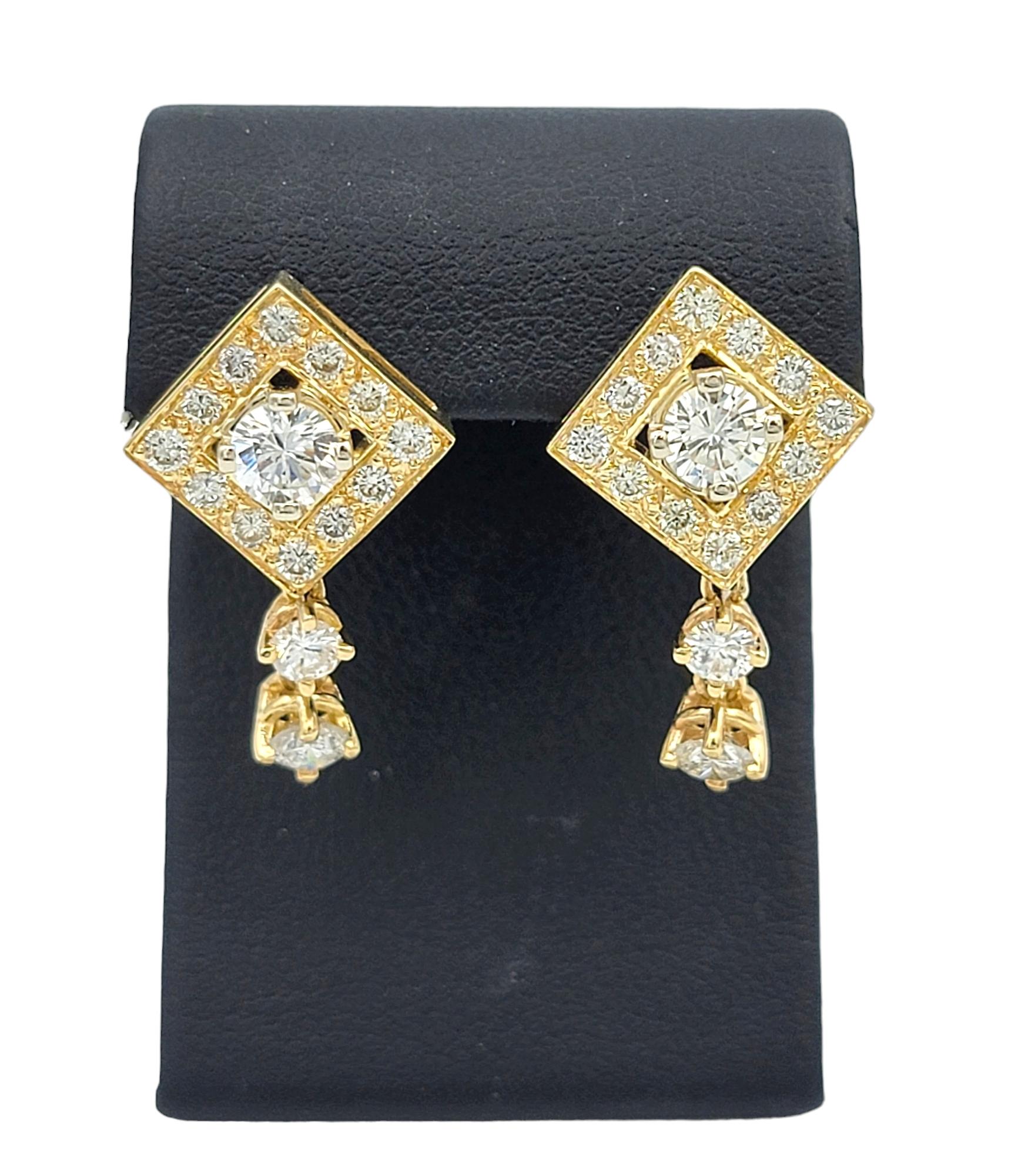 Squared 2.00 Carat Total Round Diamond Dangle Earrings in 14 Karat Yellow Gold  In Good Condition For Sale In Scottsdale, AZ