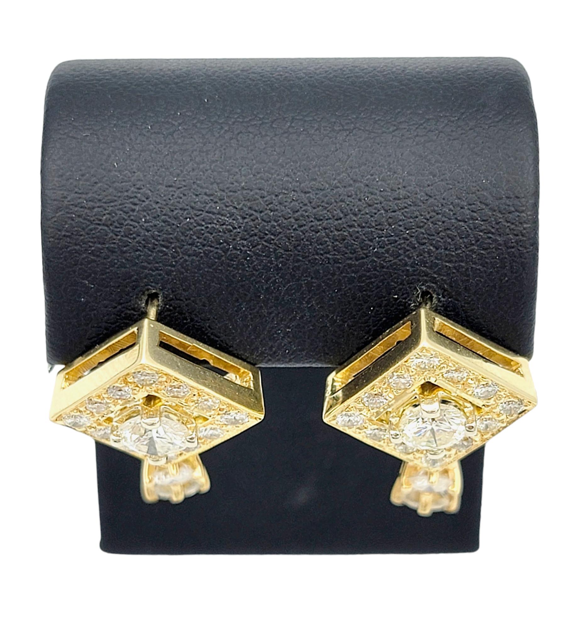 Women's Squared 2.00 Carat Total Round Diamond Dangle Earrings in 14 Karat Yellow Gold  For Sale