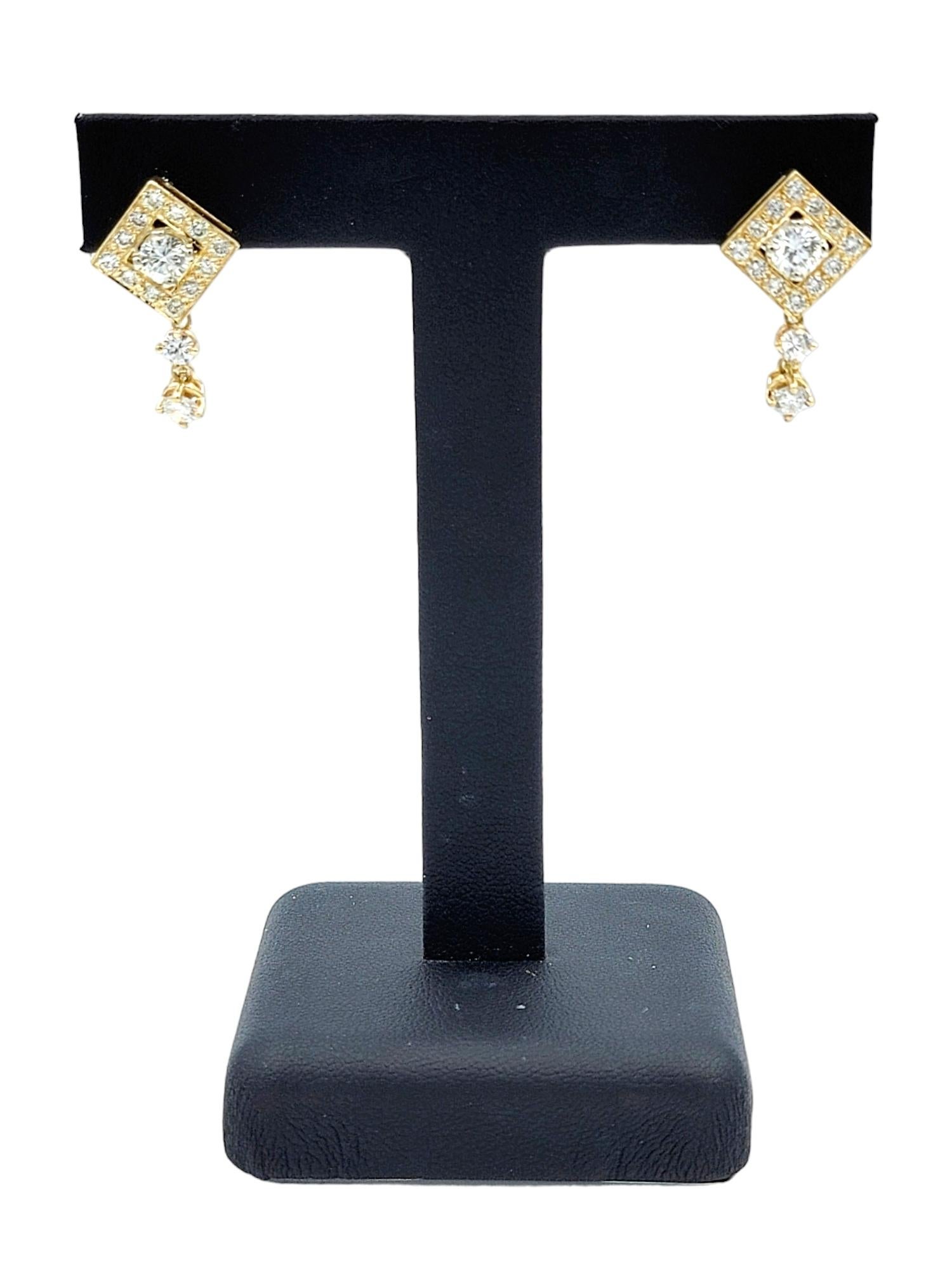 Squared 2.00 Carat Total Round Diamond Dangle Earrings in 14 Karat Yellow Gold  For Sale 1