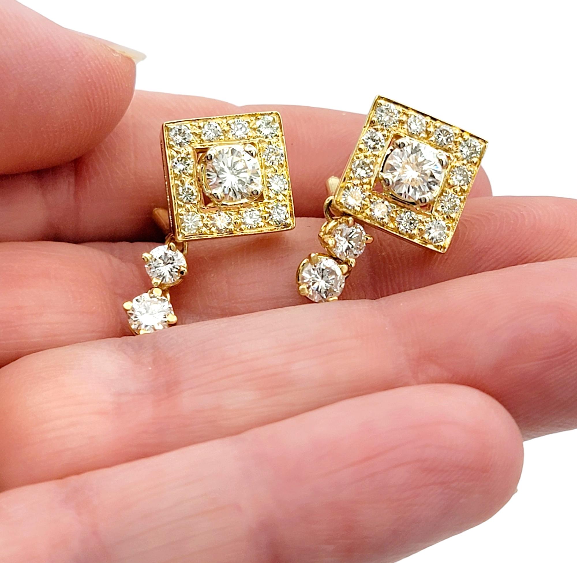 Squared 2.00 Carat Total Round Diamond Dangle Earrings in 14 Karat Yellow Gold  For Sale 2