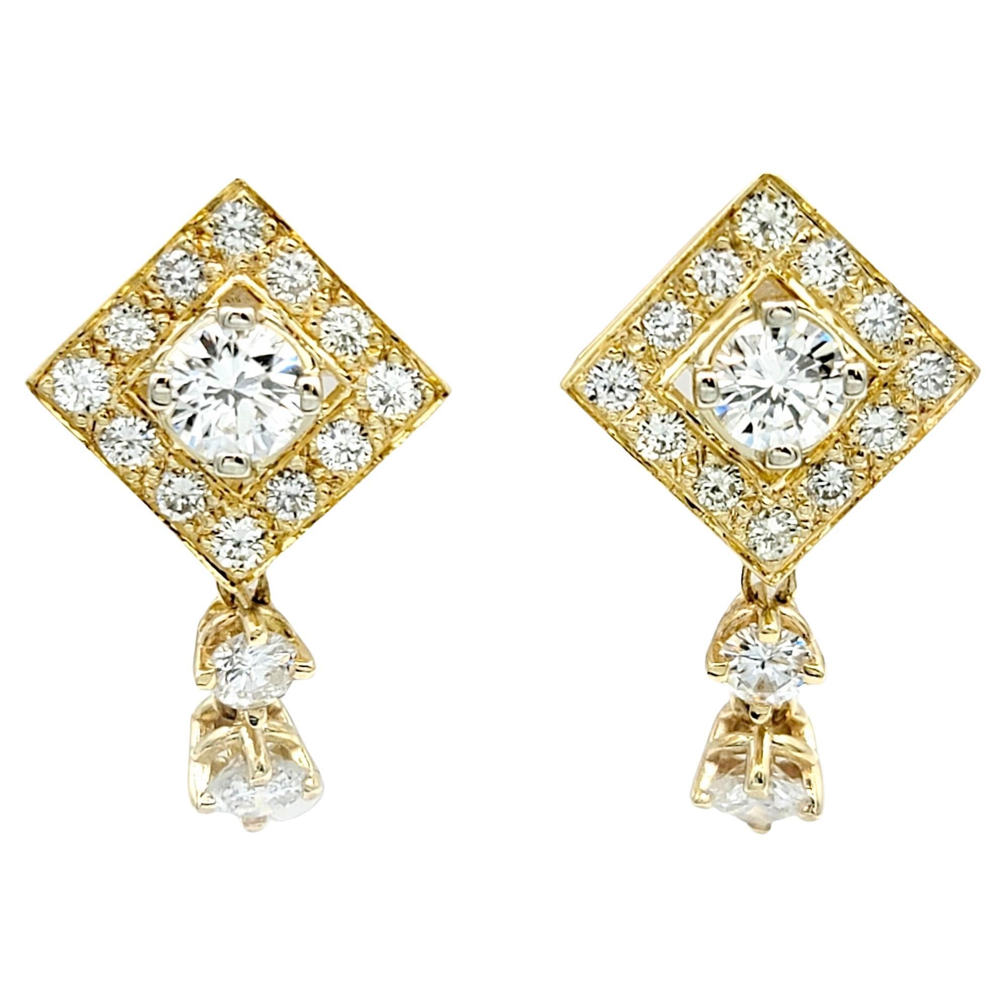 Squared 2.00 Carat Total Round Diamond Dangle Earrings in 14 Karat Yellow Gold  For Sale