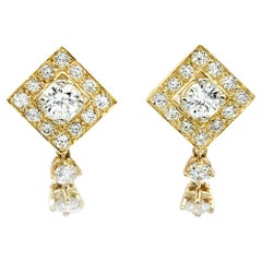 Pendants d'oreilles en or jaune 14 carats avec diamants ronds carrés de 2,00 carats au total 