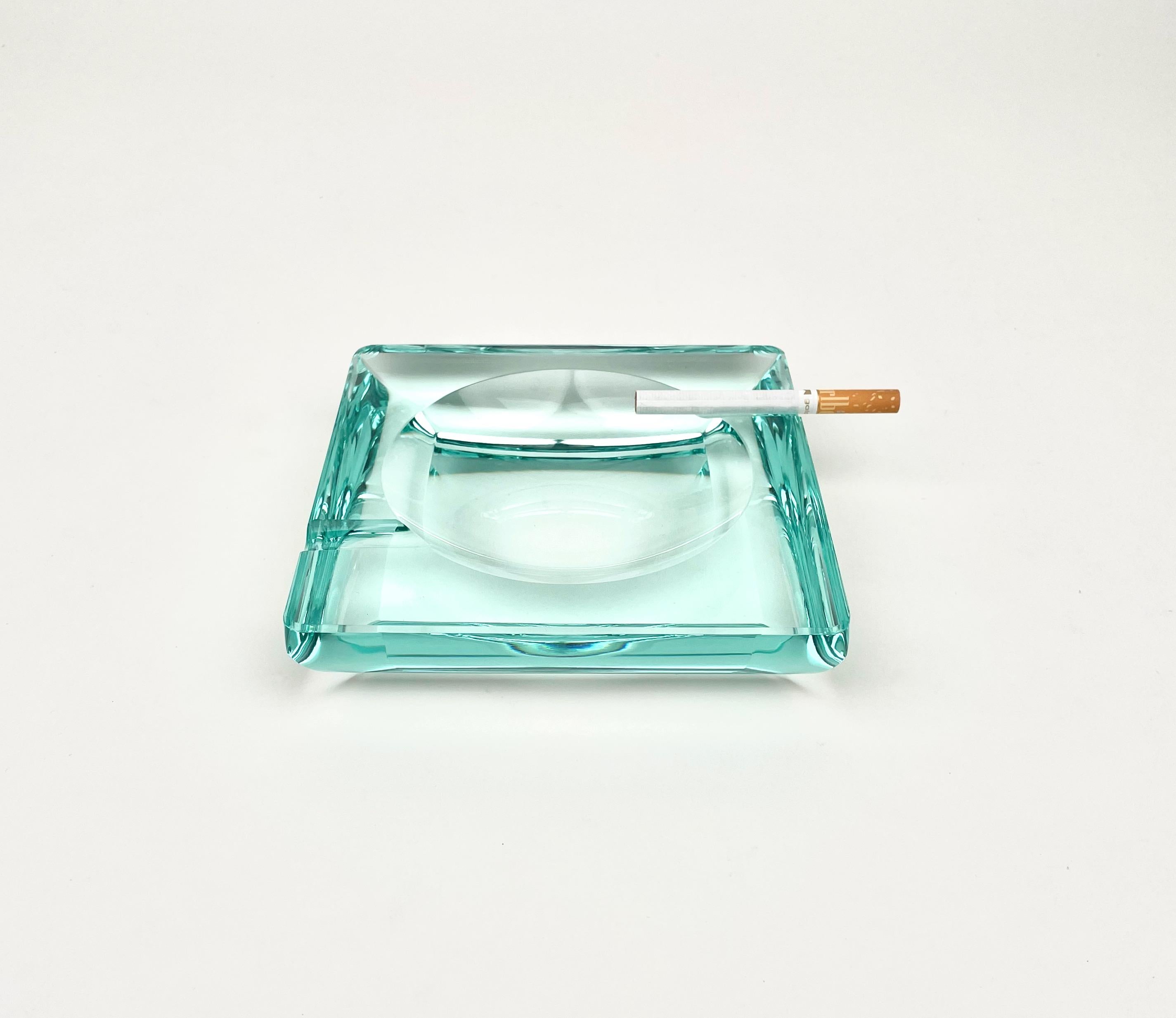 Mid-Century Modern Squared Ashtray Green Crystal Glass by Fontana Arte Italy 1960s For Sale