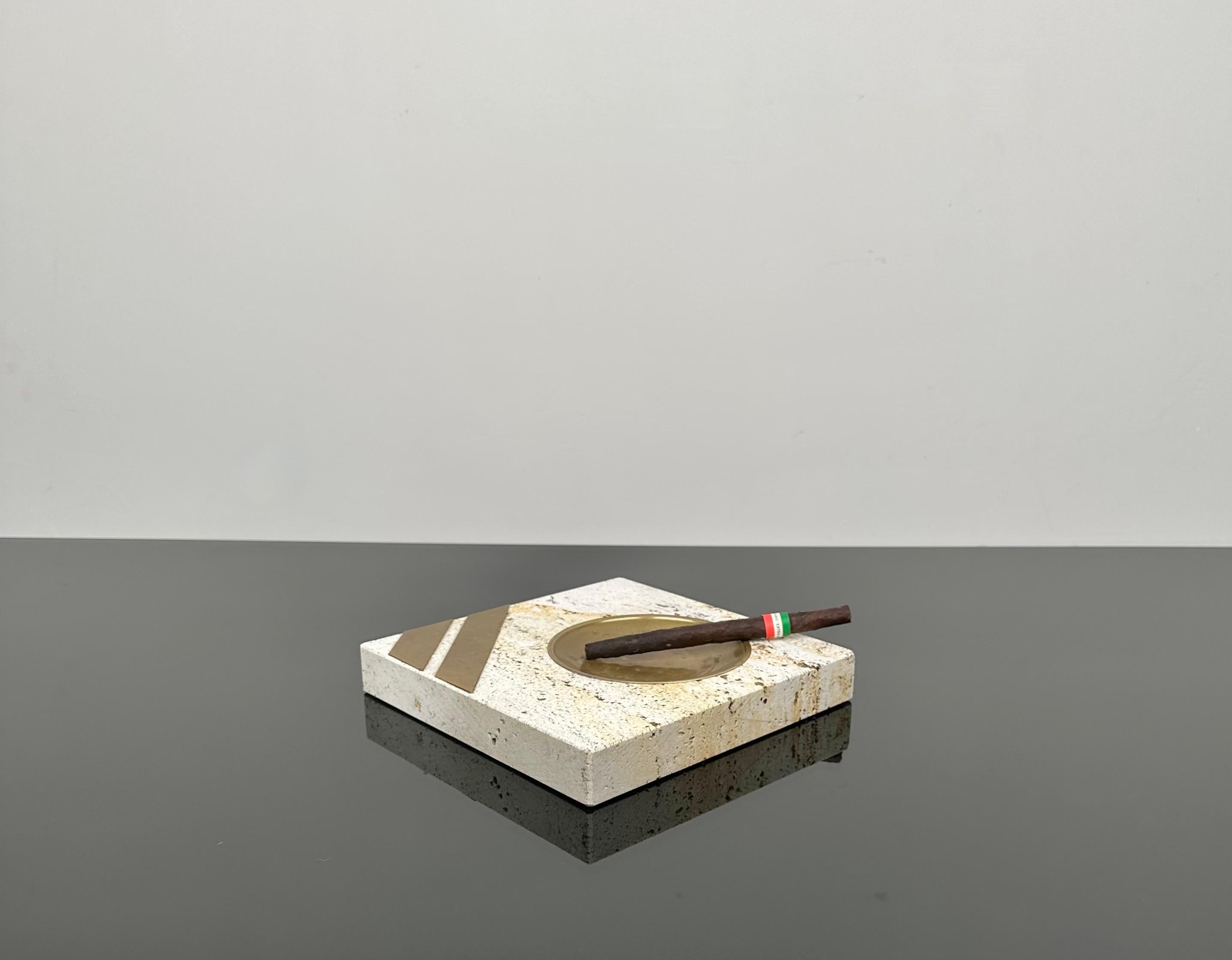 Squared Ashtray in Travertine and Brass by Fratelli Mannelli, Italy, 1970s For Sale 3