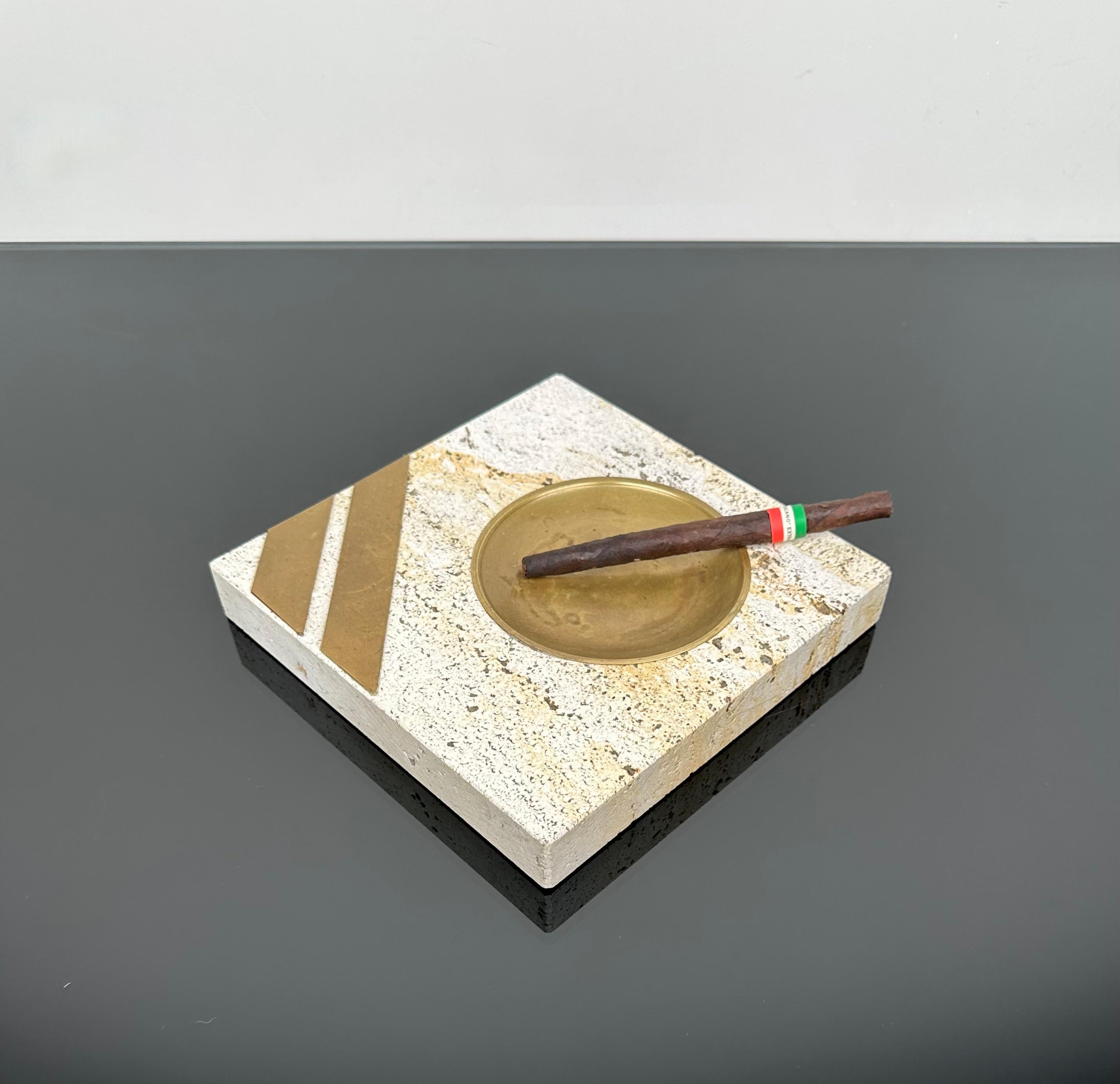 Squared Ashtray in Travertine and Brass by Fratelli Mannelli, Italy, 1970s For Sale 4