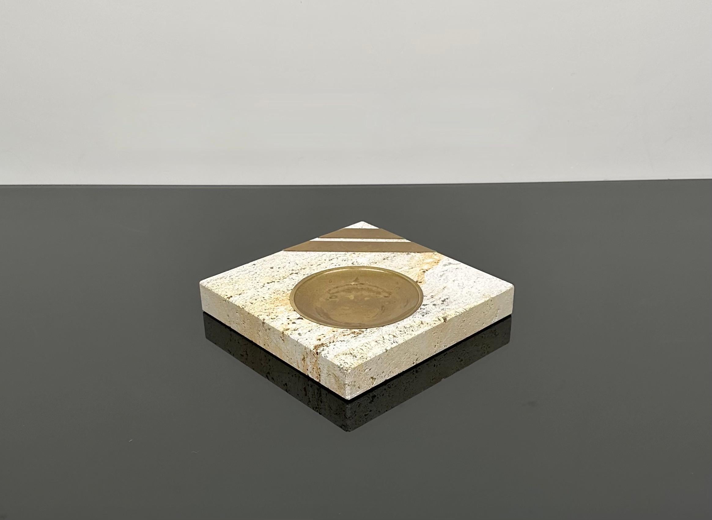 Italian Squared Ashtray in Travertine and Brass by Fratelli Mannelli, Italy, 1970s For Sale