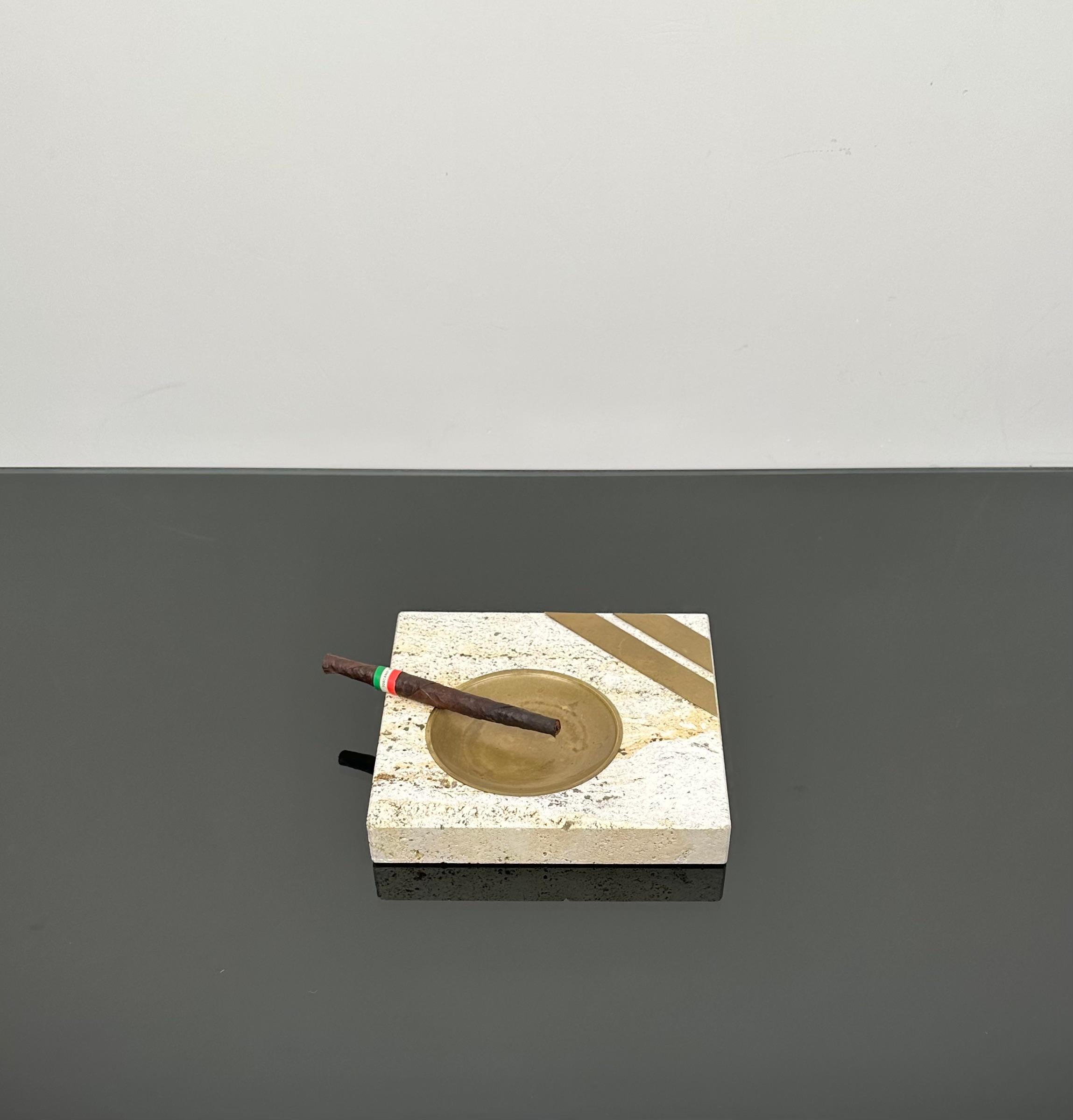 Metal Squared Ashtray in Travertine and Brass by Fratelli Mannelli, Italy, 1970s For Sale