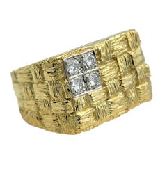Squared Basketweave Motif Cocktail Ring with Diamonds in 18 Karat Yellow Gold