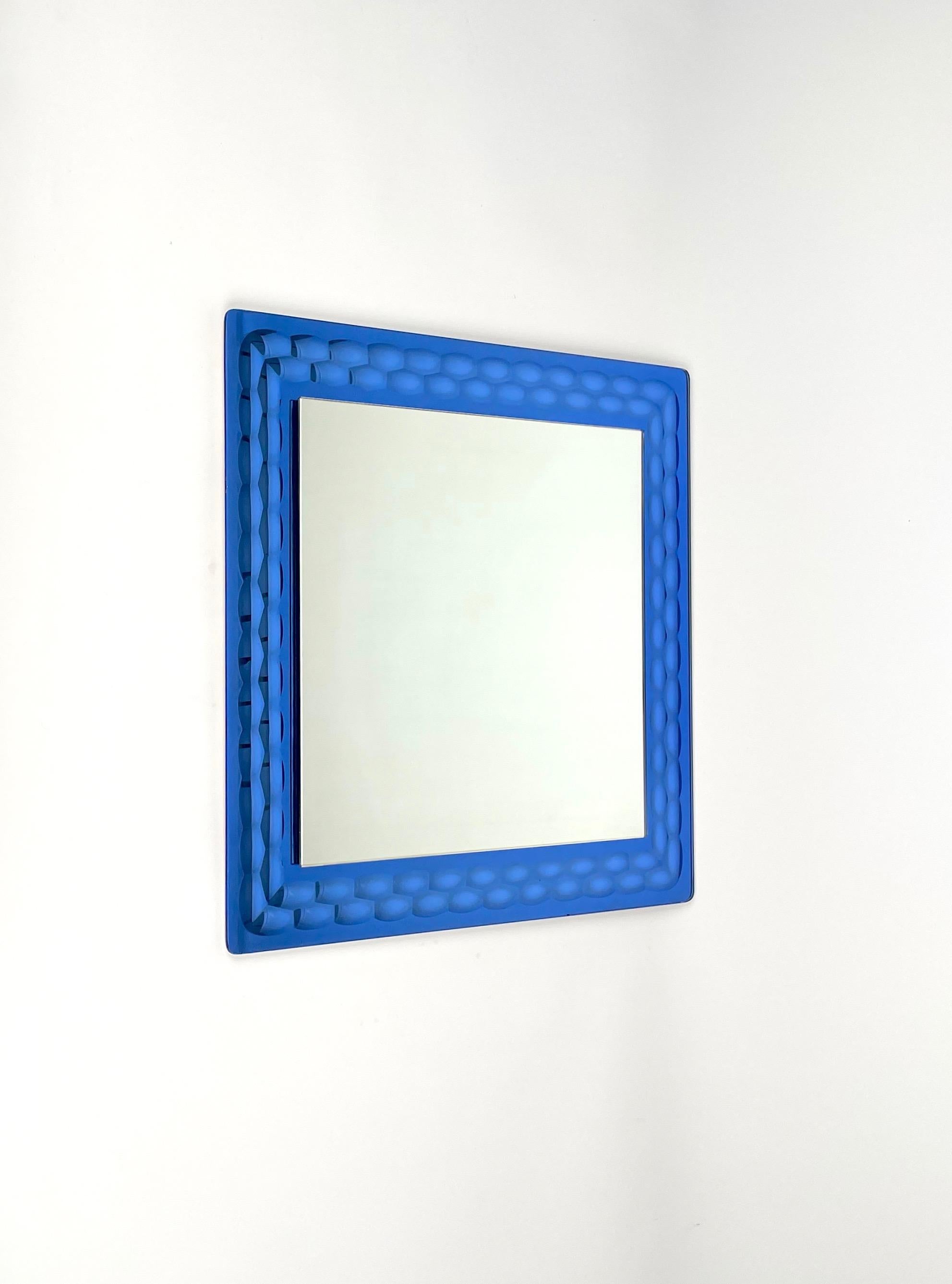 Mid-Century Modern Squared Blue Wall Mirror by Lupi Cristal Luxor, Italy, 1960s For Sale