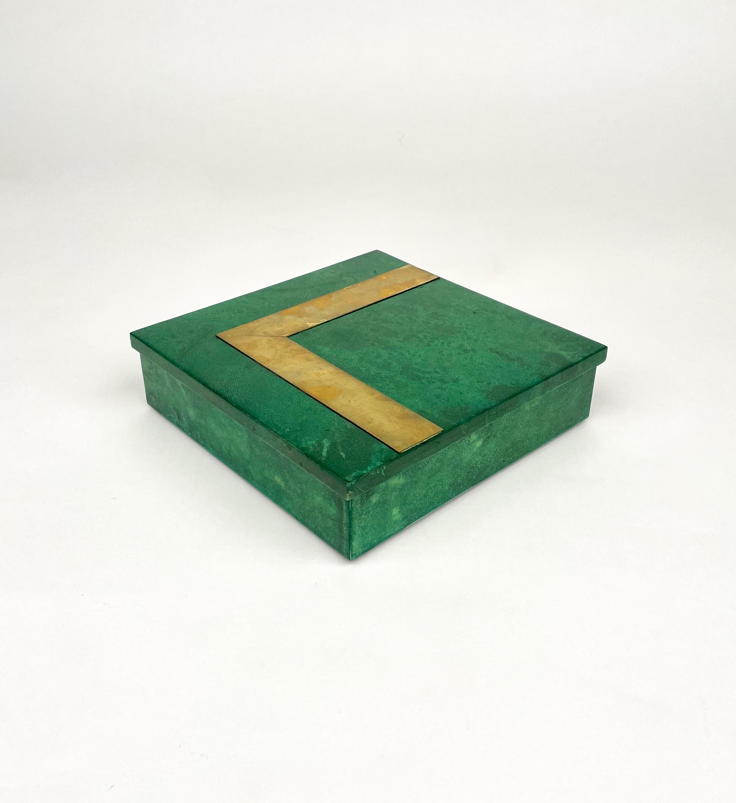 Mid-20th Century Squared Box in Green Goatskin and Brass Attributed to Aldo Tura, Italy, 1960s For Sale