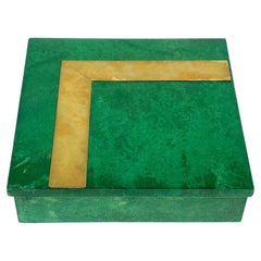 Vintage Squared Box in Green Goatskin and Brass Attributed to Aldo Tura, Italy, 1960s
