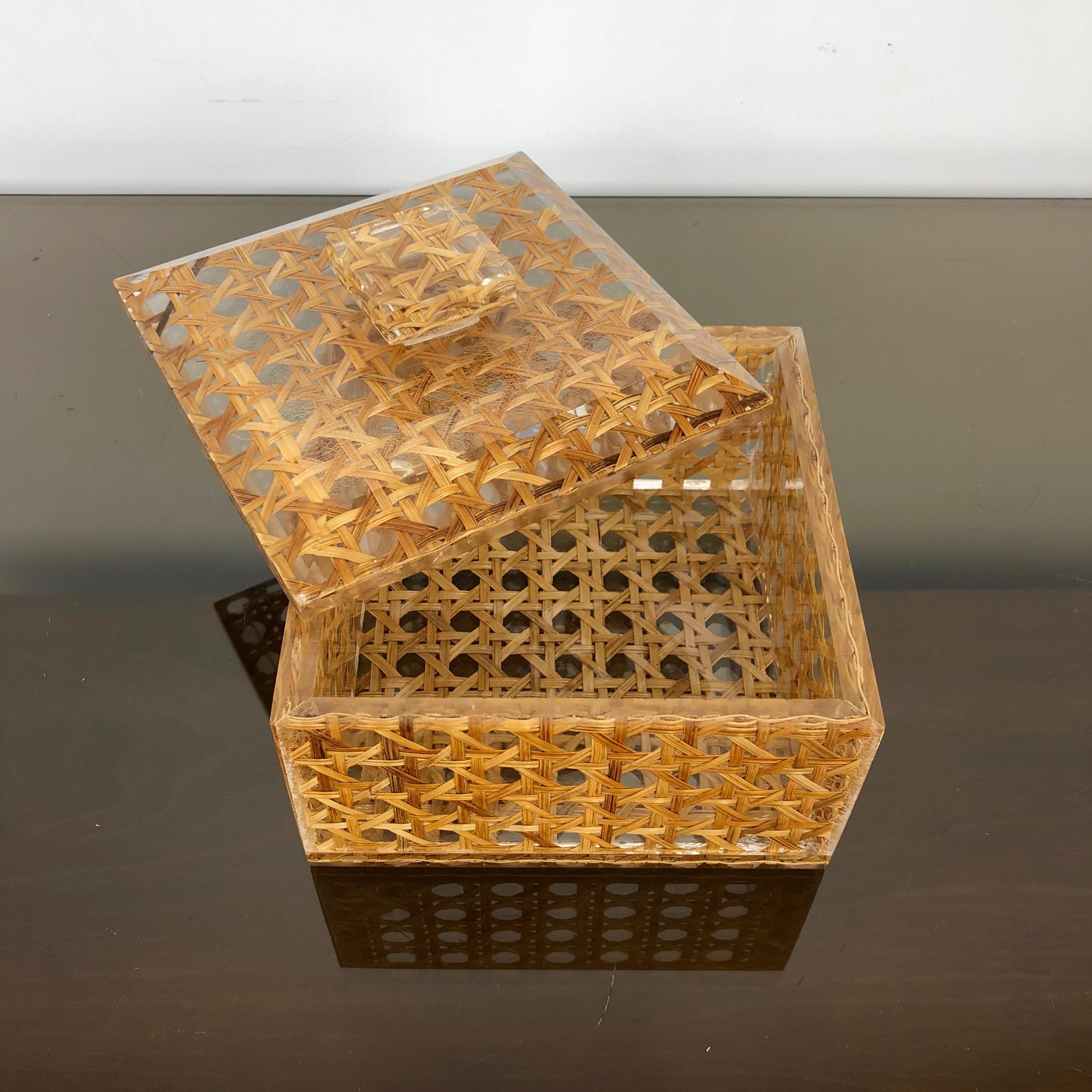 Mid-Century Modern Squared Box in Lucite and Rattan, Christian Dior Style, 1970s, France