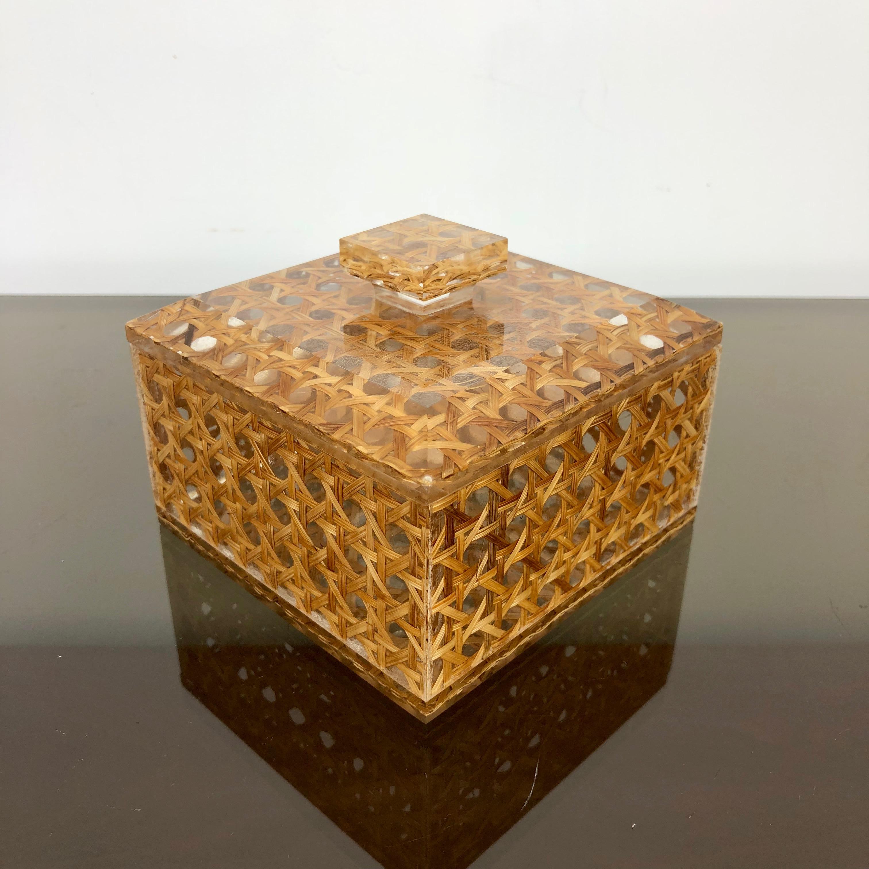 French Squared Box in Lucite and Rattan, Christian Dior Style, 1970s, France