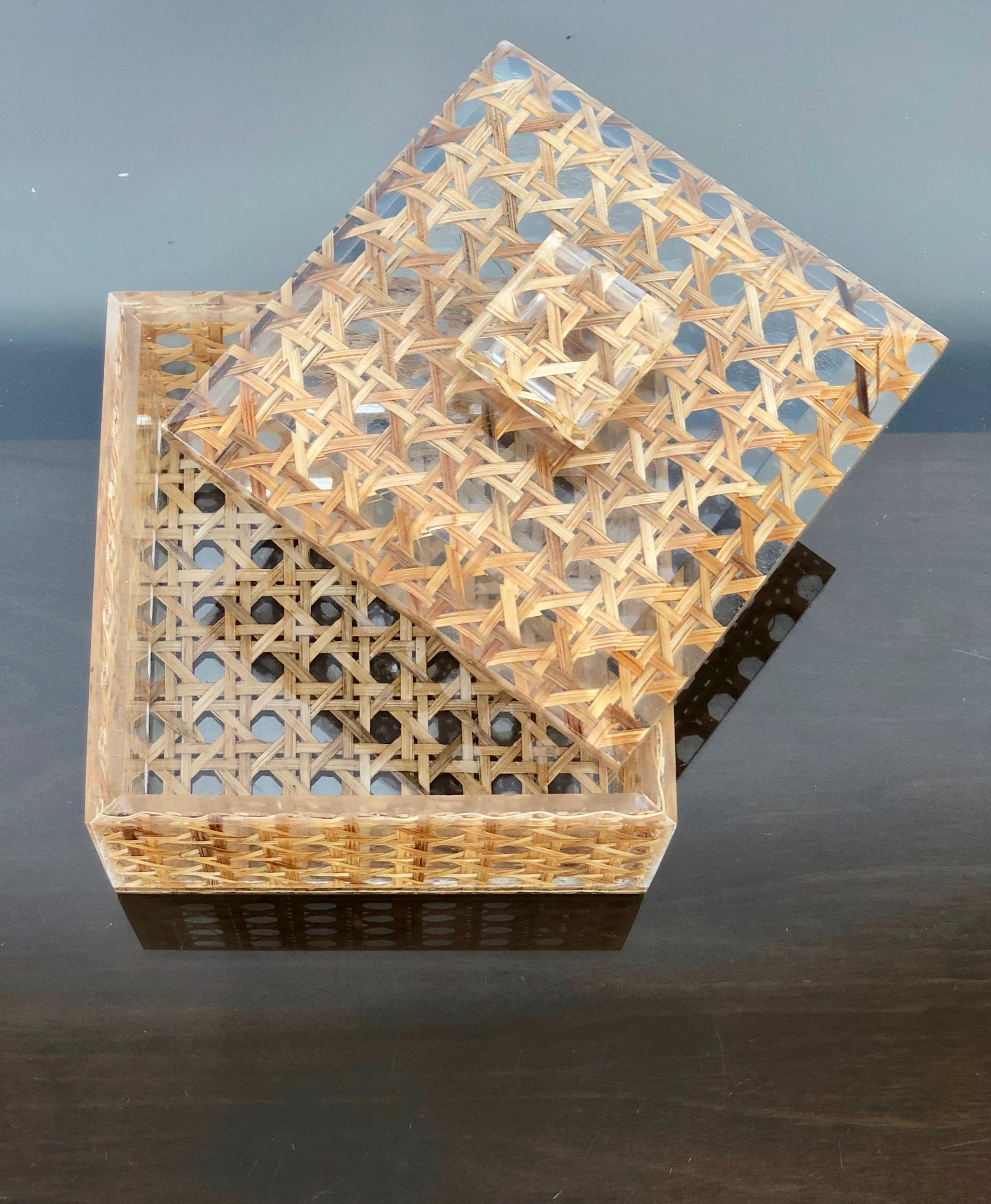 Late 20th Century Squared Box in Lucite and Rattan, Christian Dior Style, 1970s, France