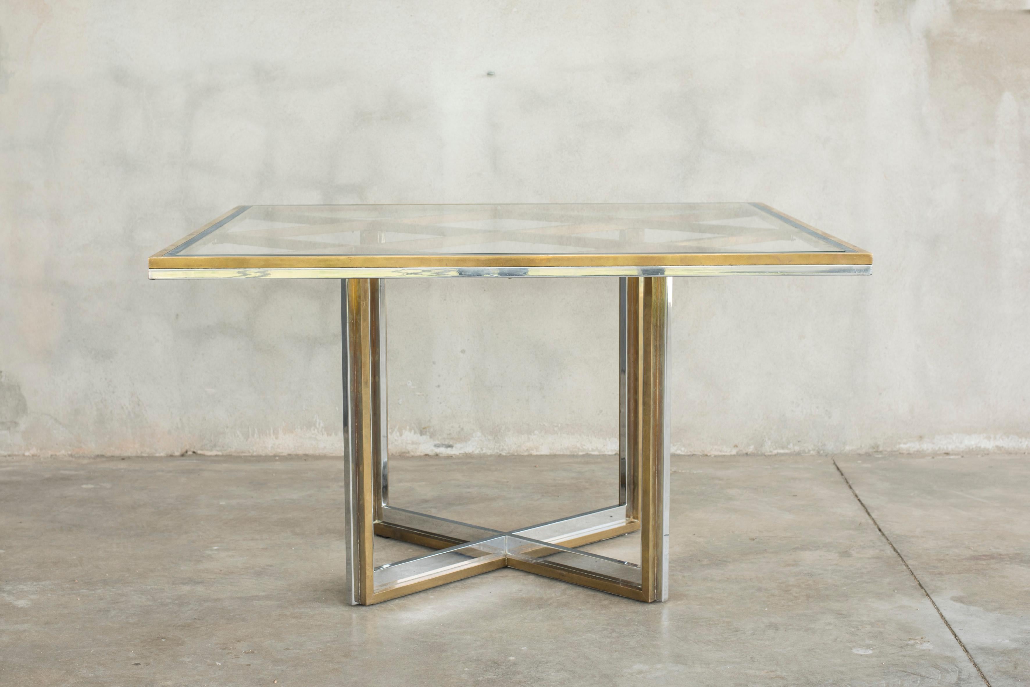 Modern Squared Brass and Chromed Steel Crystal Tempered Top Table Romeo Rega Style