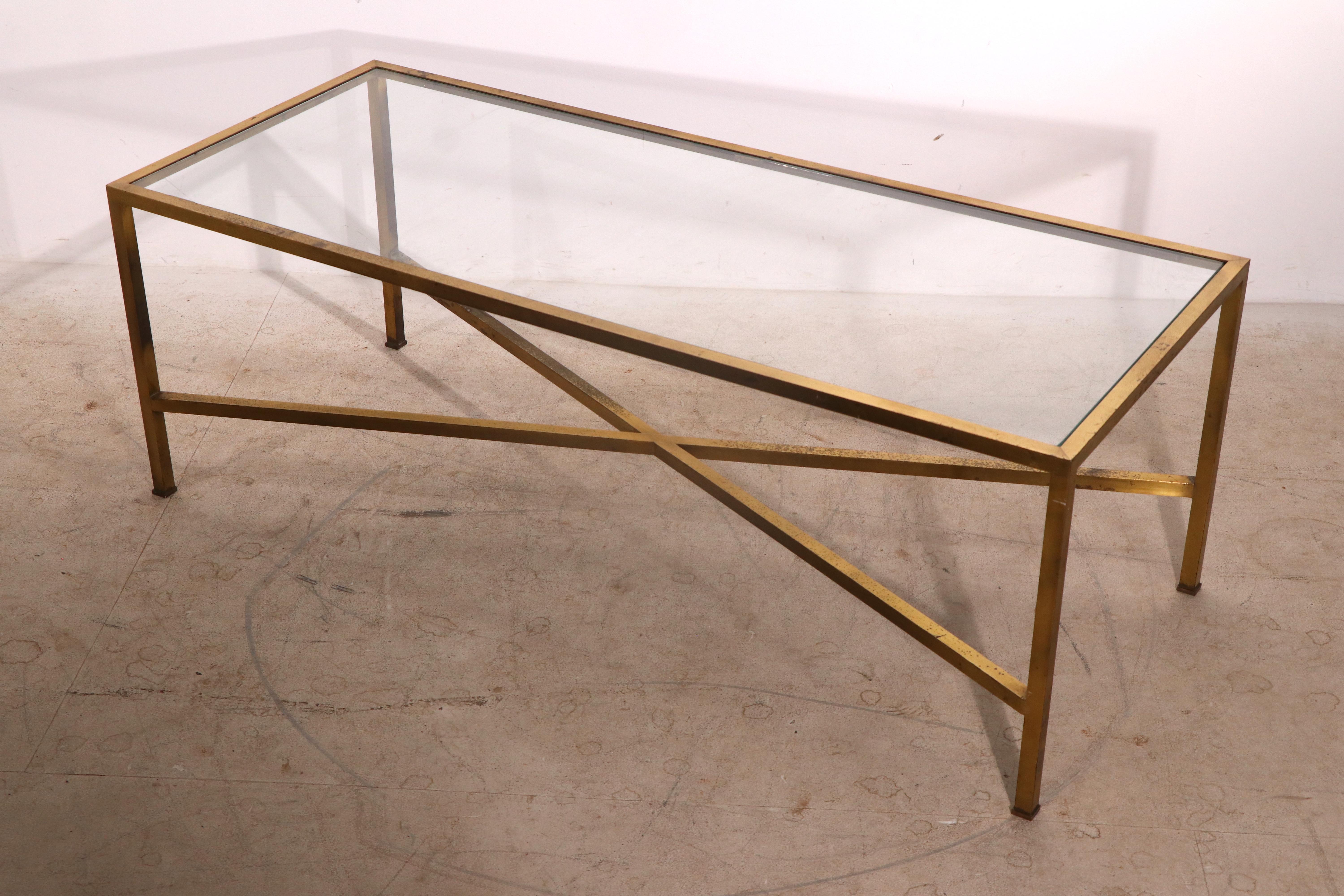 Hollywood Regency Squared Brass and Glass Coffee Table Made in Italy 1970’s For Sale