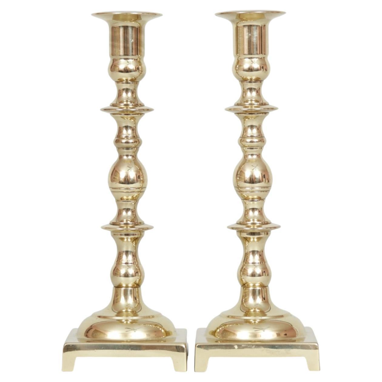 Squared Brass Candlestick Holders, a Pair For Sale