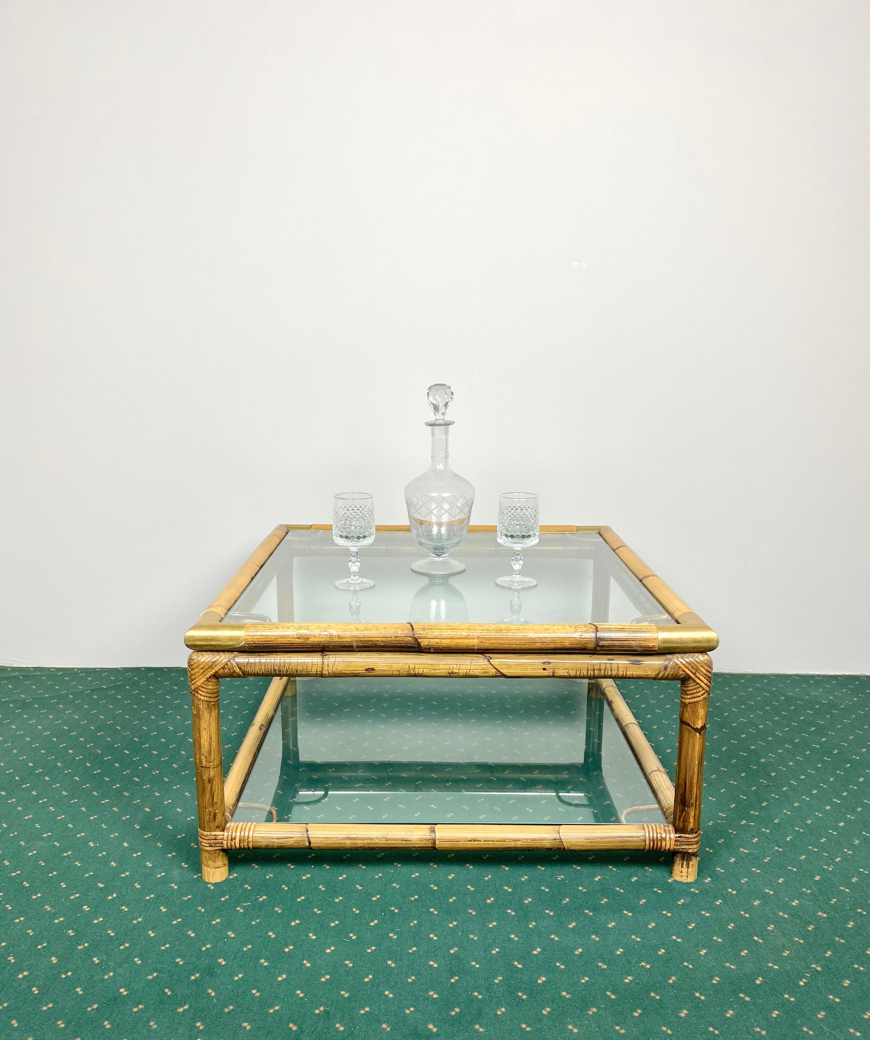 Mid-Century Modern Squared Coffee Side Table in Bamboo, Glass and Brass, Italy, 1970s.  