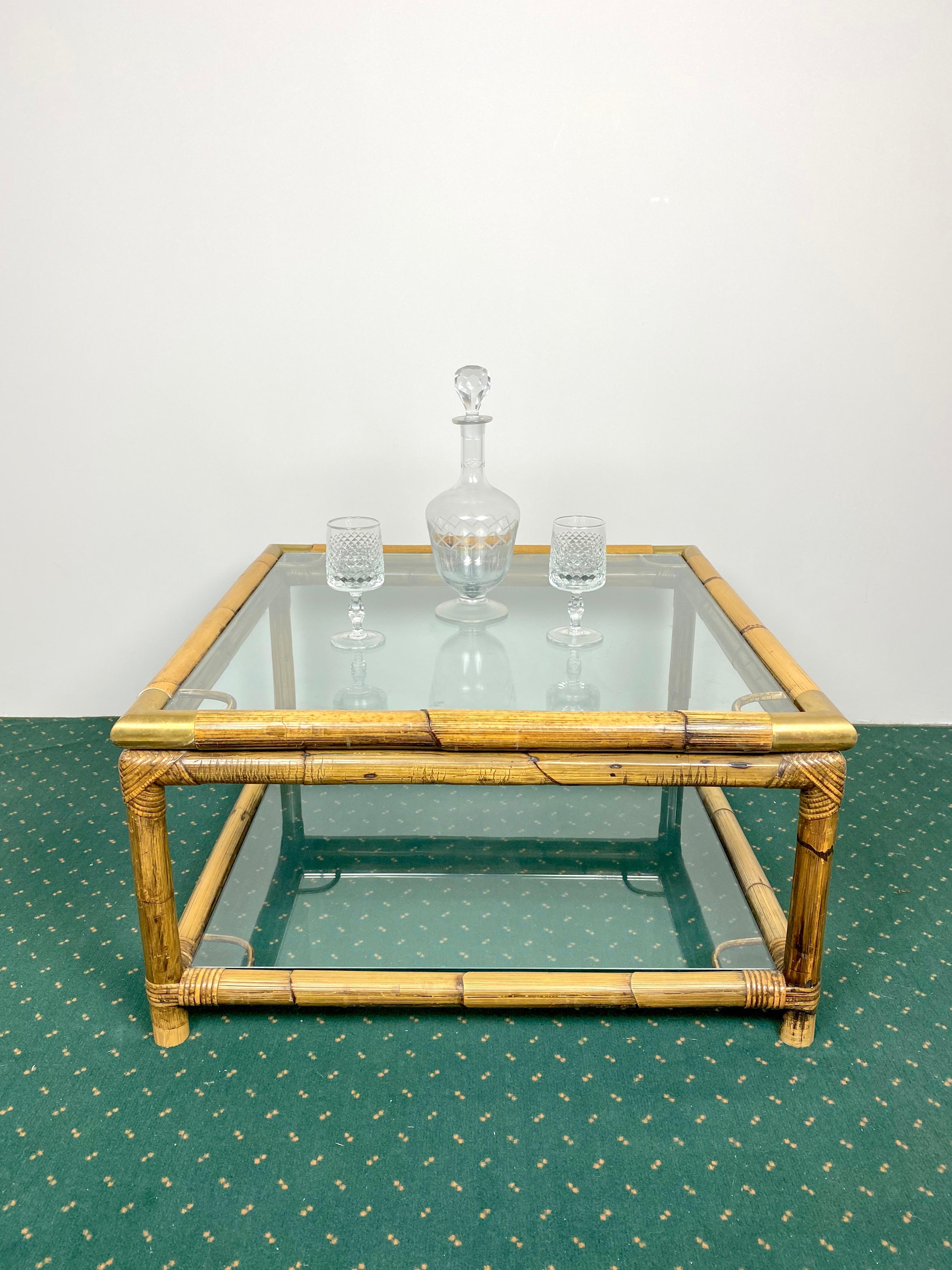 Italian Squared Coffee Side Table in Bamboo, Glass and Brass, Italy, 1970s.  