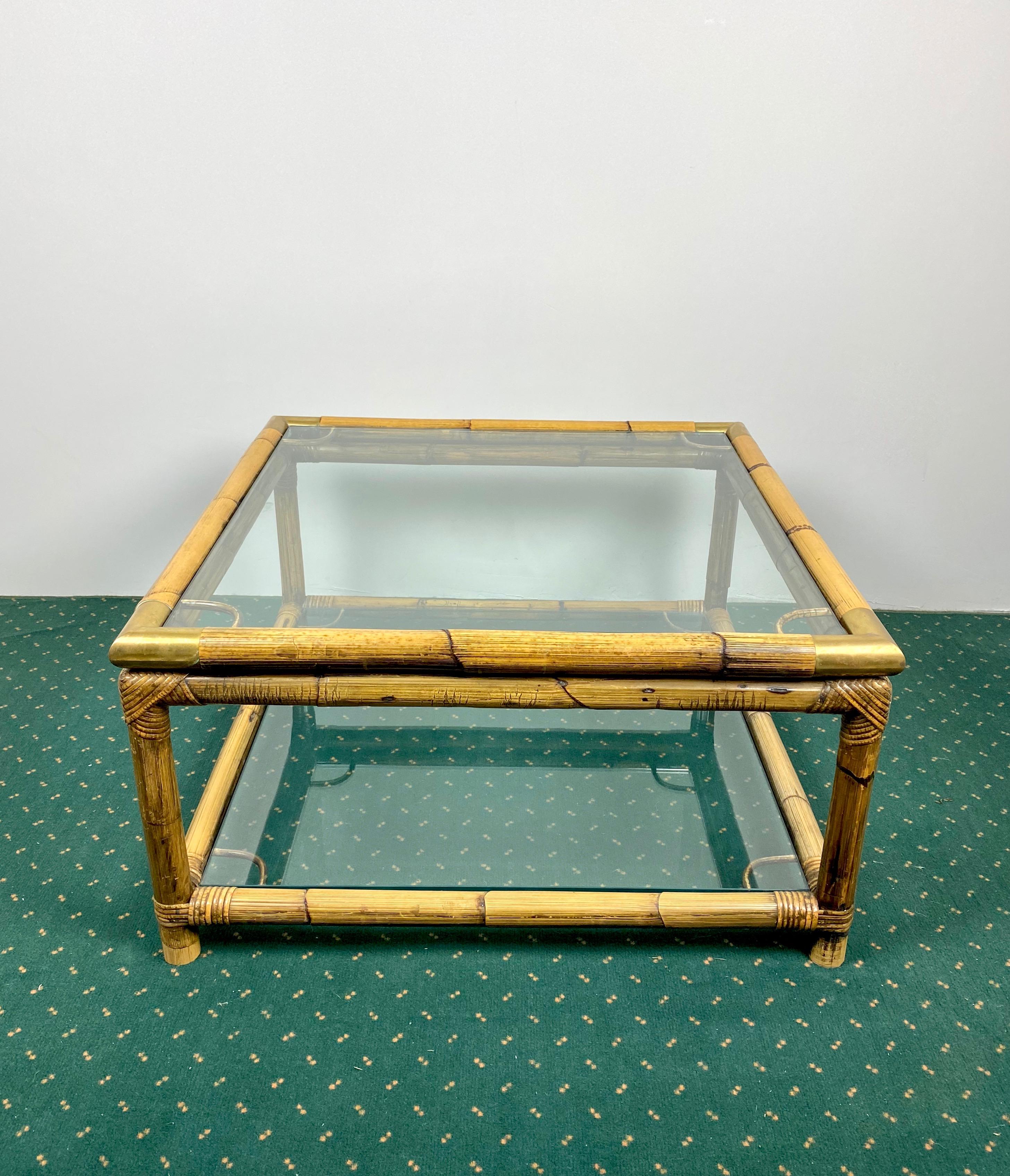 Squared Coffee Side Table in Bamboo, Glass and Brass, Italy, 1970s.   In Good Condition In Rome, IT