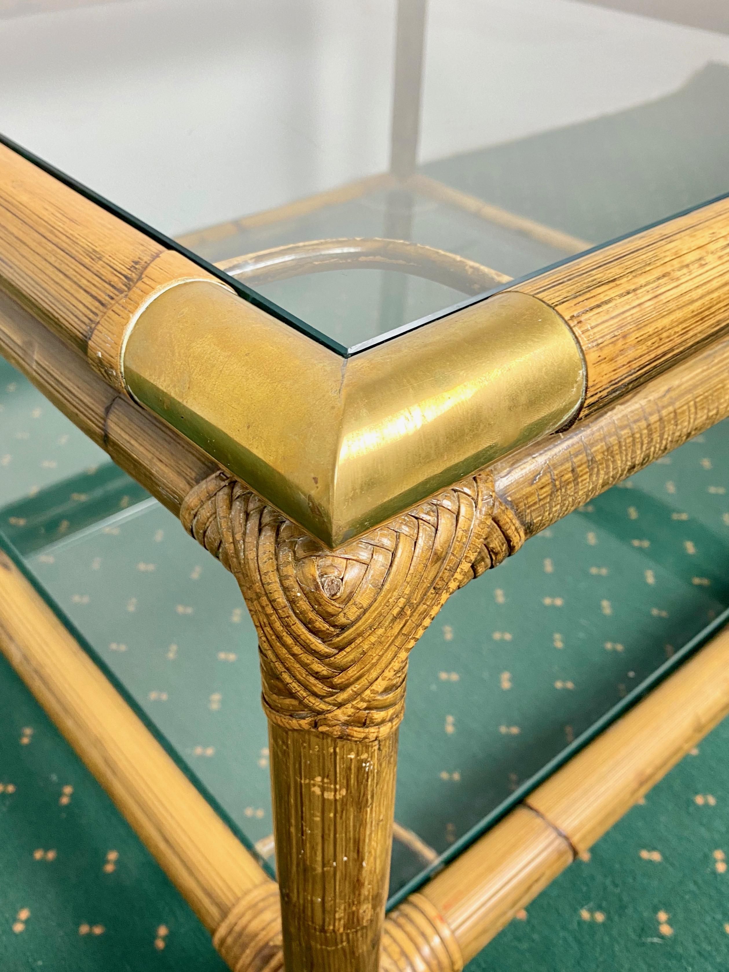 Late 20th Century Squared Coffee Side Table in Bamboo, Glass and Brass, Italy, 1970s.  