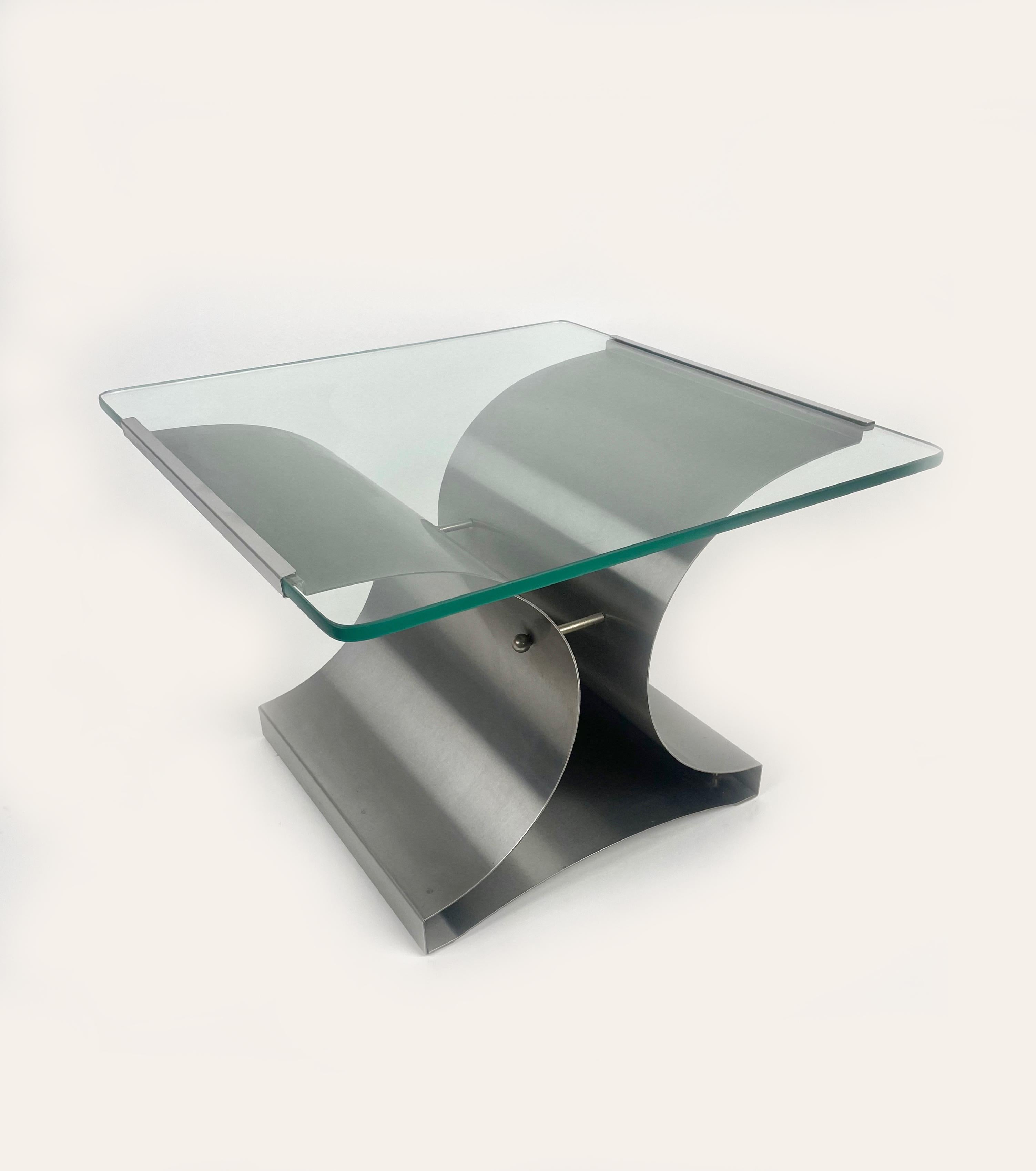 French Squared Coffee Side Table in Steel and Glass by Francois Monnet, France, 1970s
